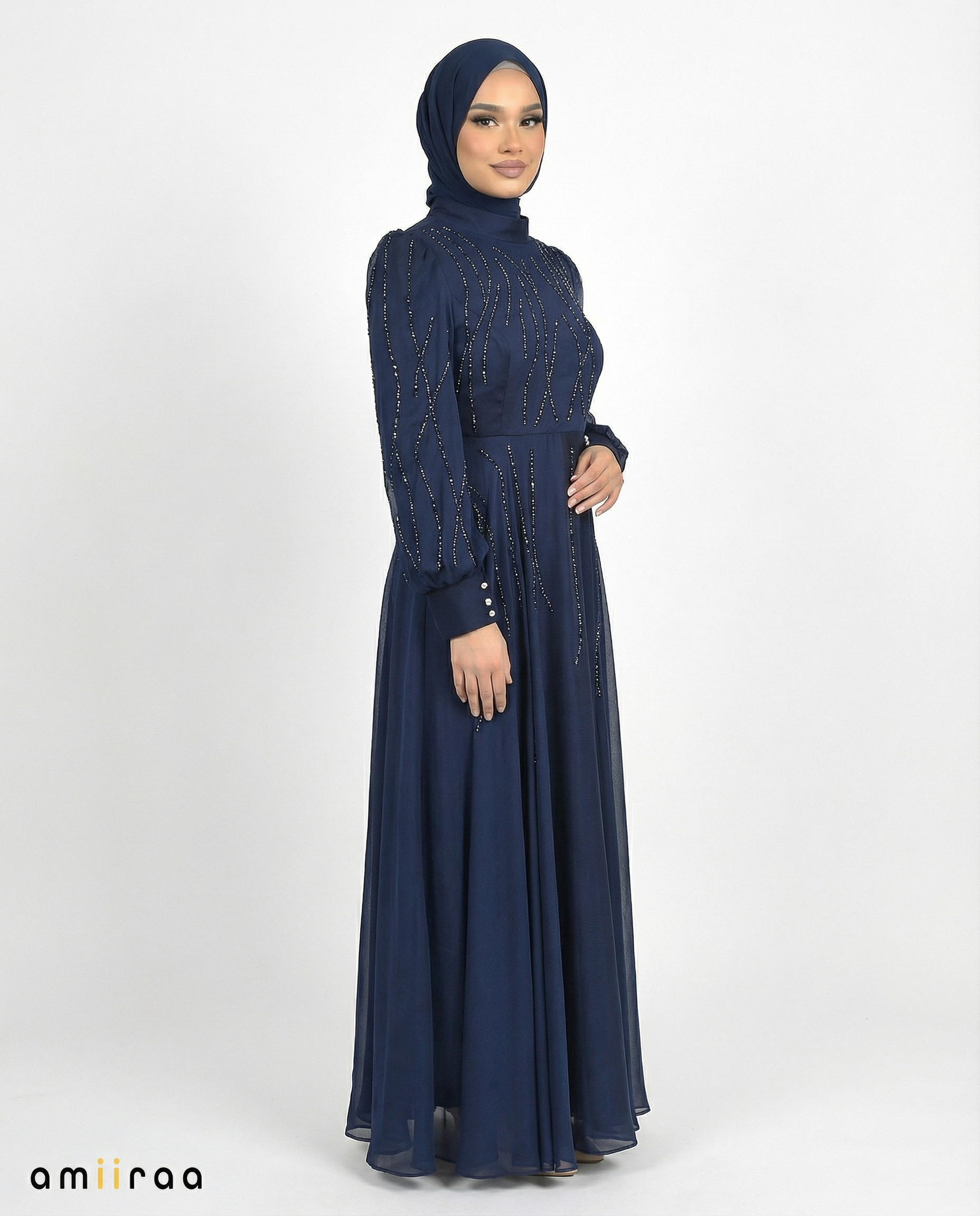 Navy Blazer Embellished Stone Pattern Full-Length Dress