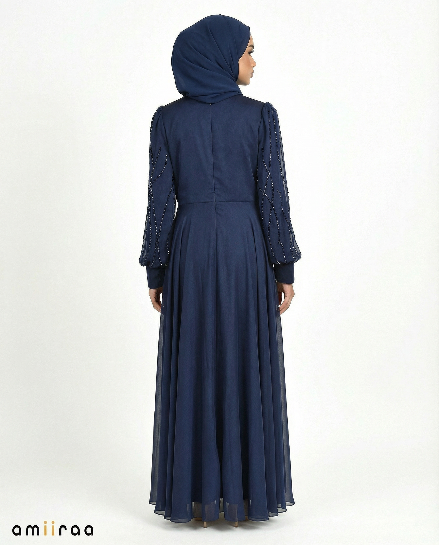 Navy Blazer Embellished Stone Pattern Full-Length Dress