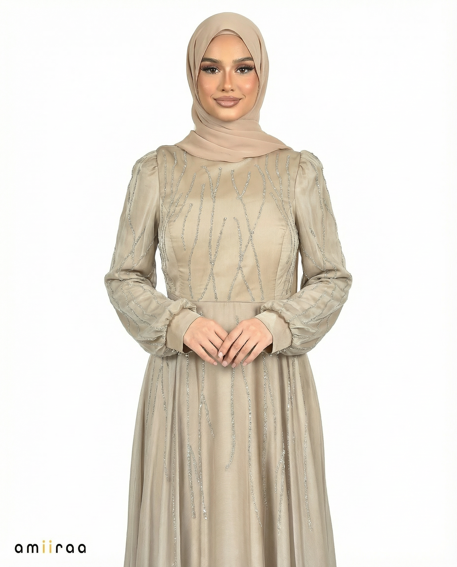 Simply Taupe Embellished Stone Pattern Full-Length Dress