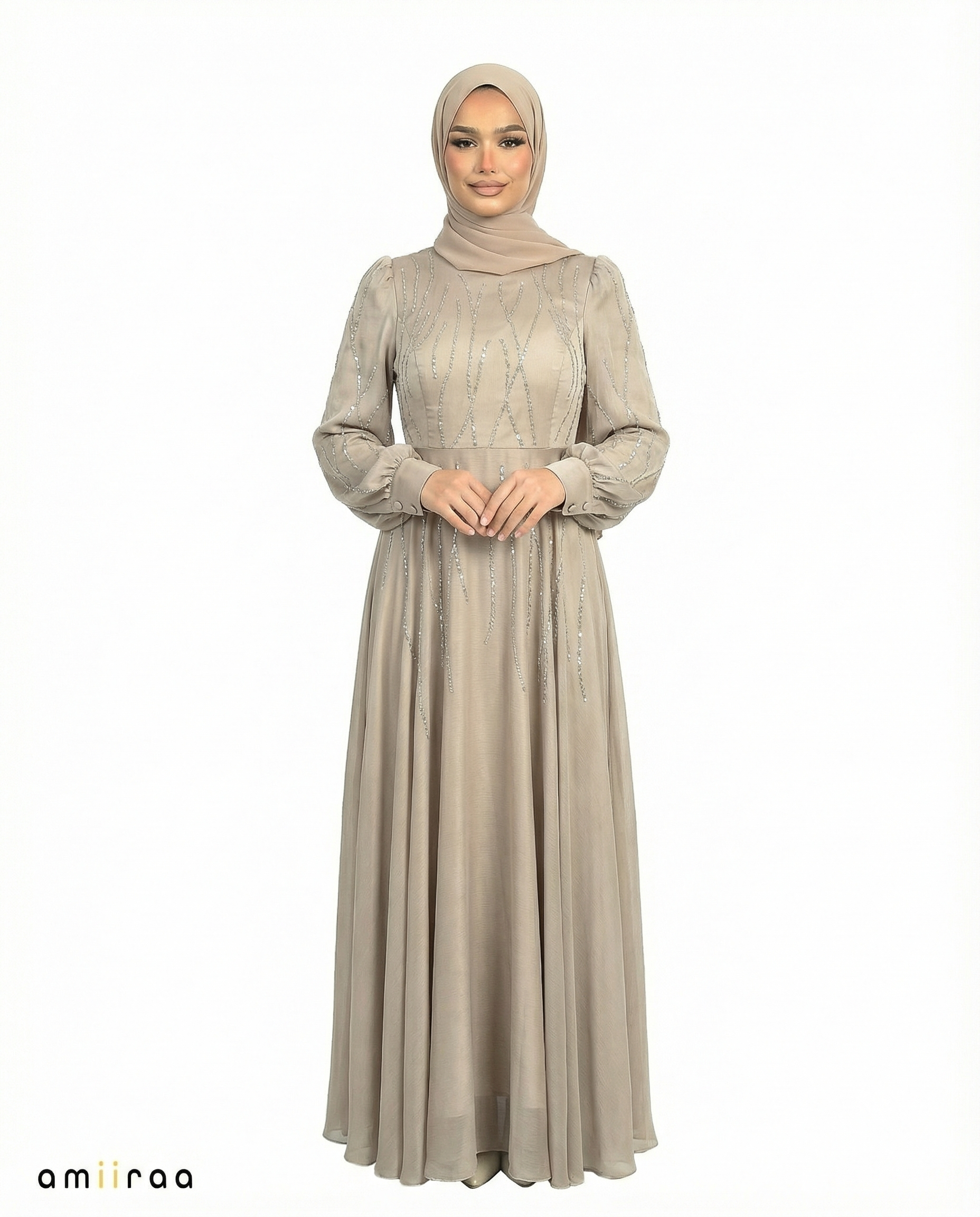 Simply Taupe Embellished Stone Pattern Full-Length Dress