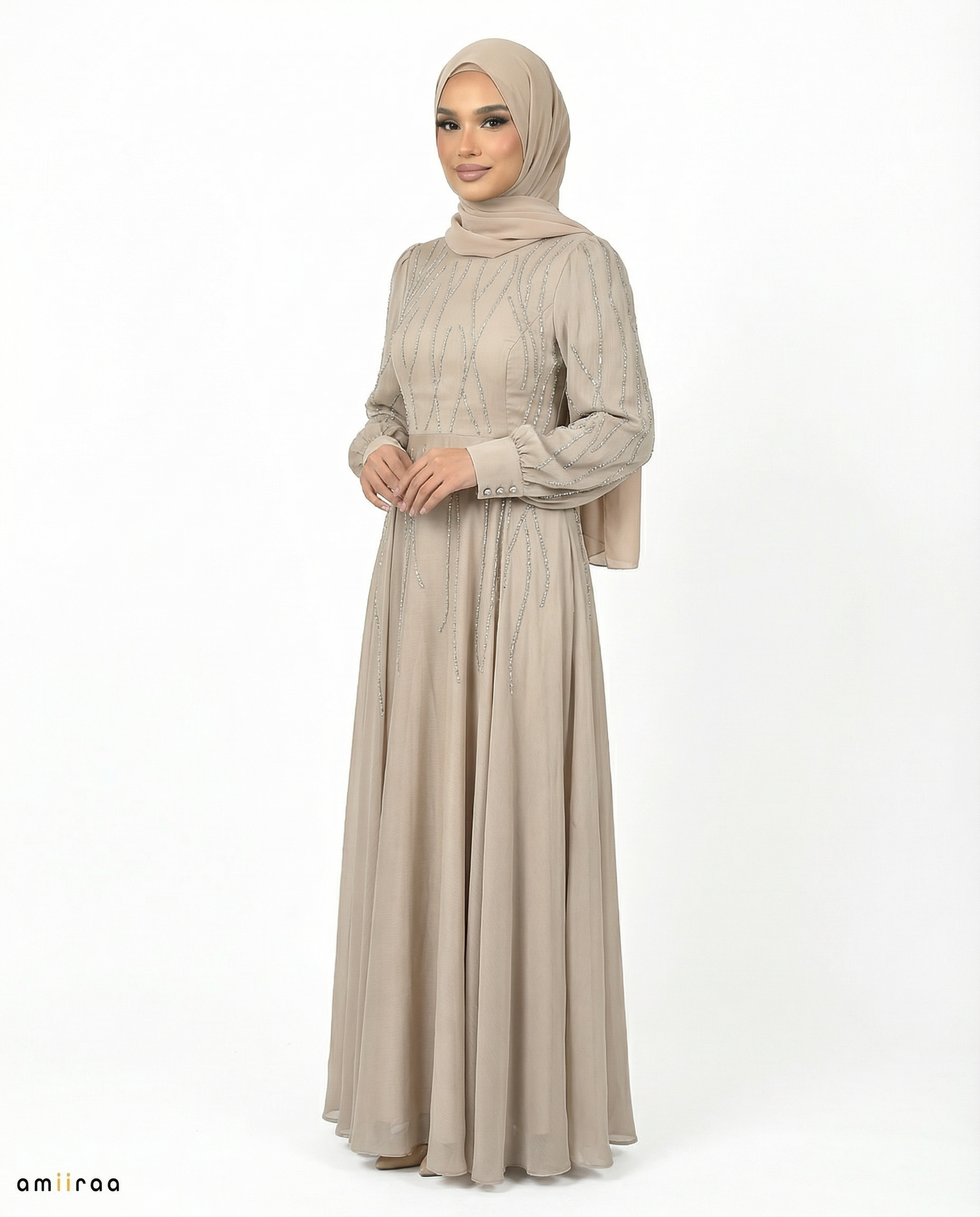 Simply Taupe Embellished Stone Pattern Full-Length Dress
