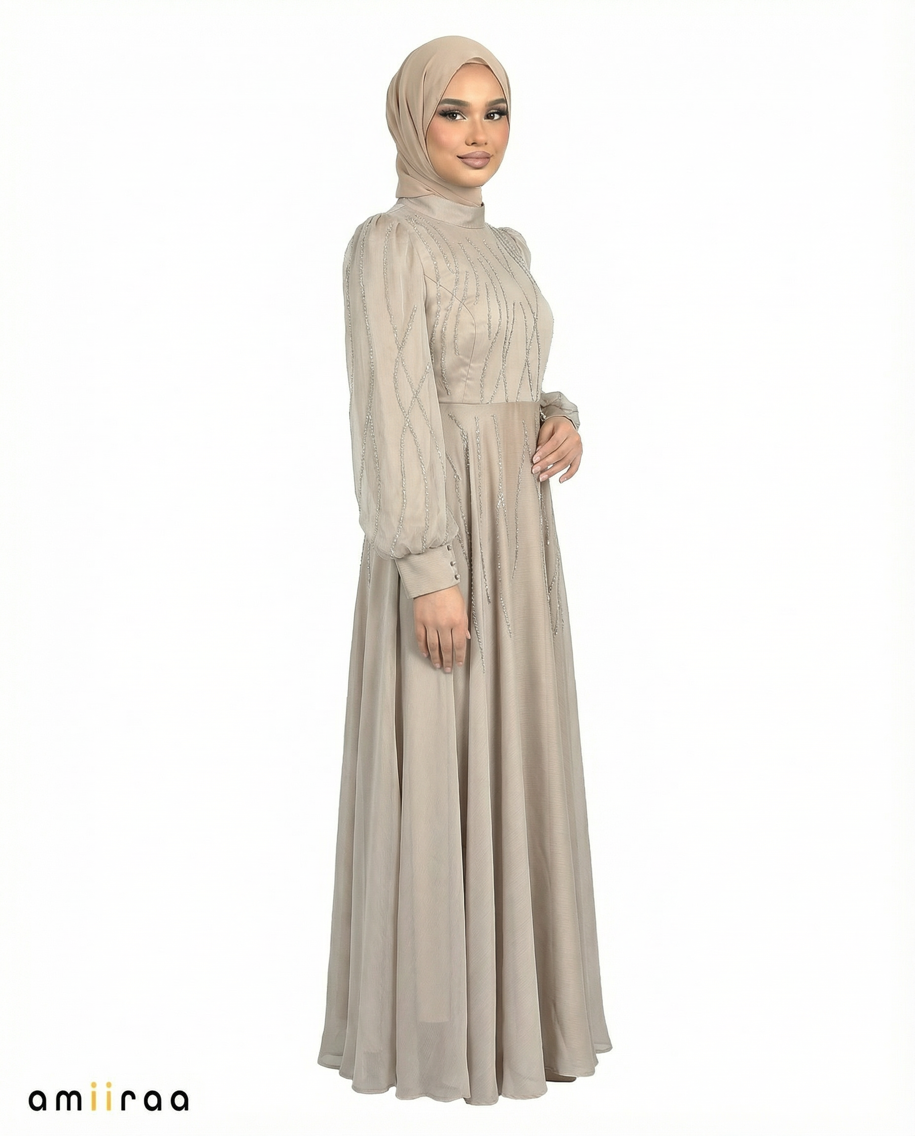 Simply Taupe Embellished Stone Pattern Full-Length Dress