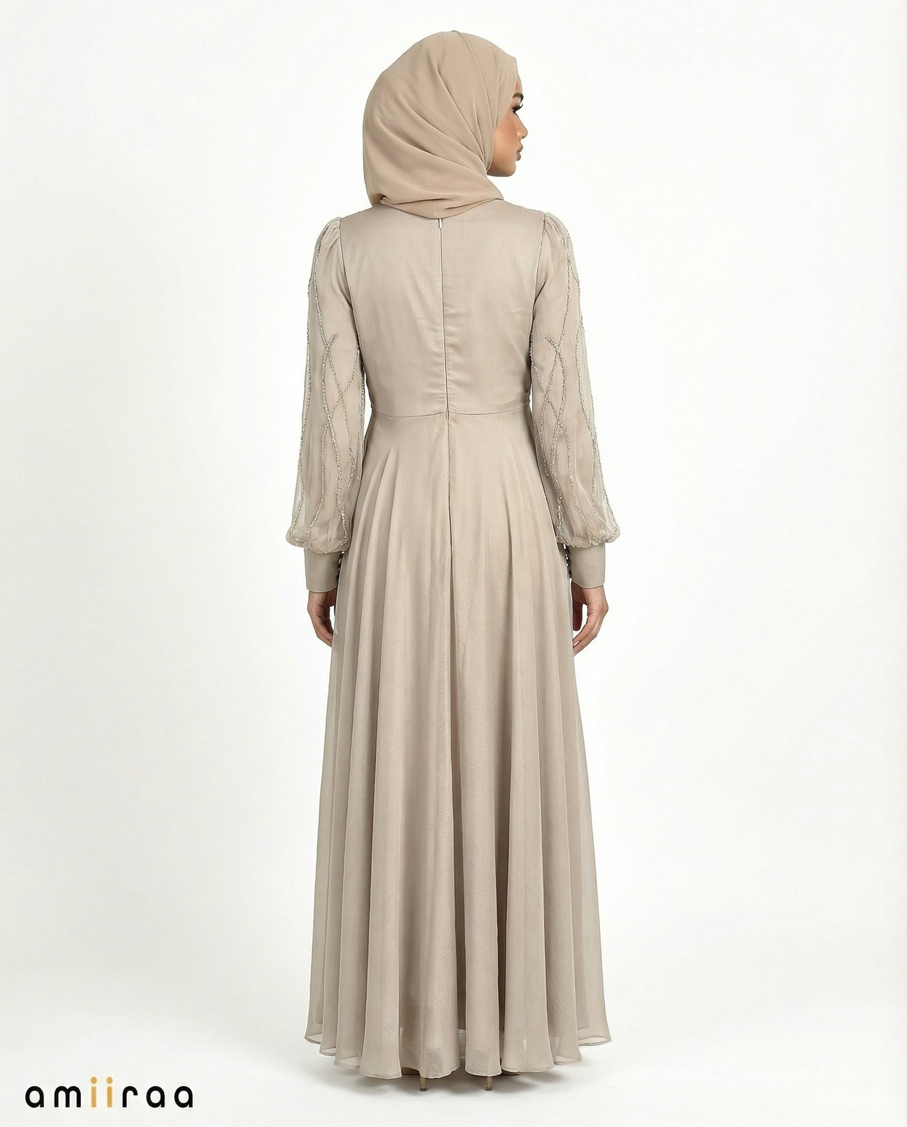 Simply Taupe Embellished Stone Pattern Full-Length Dress