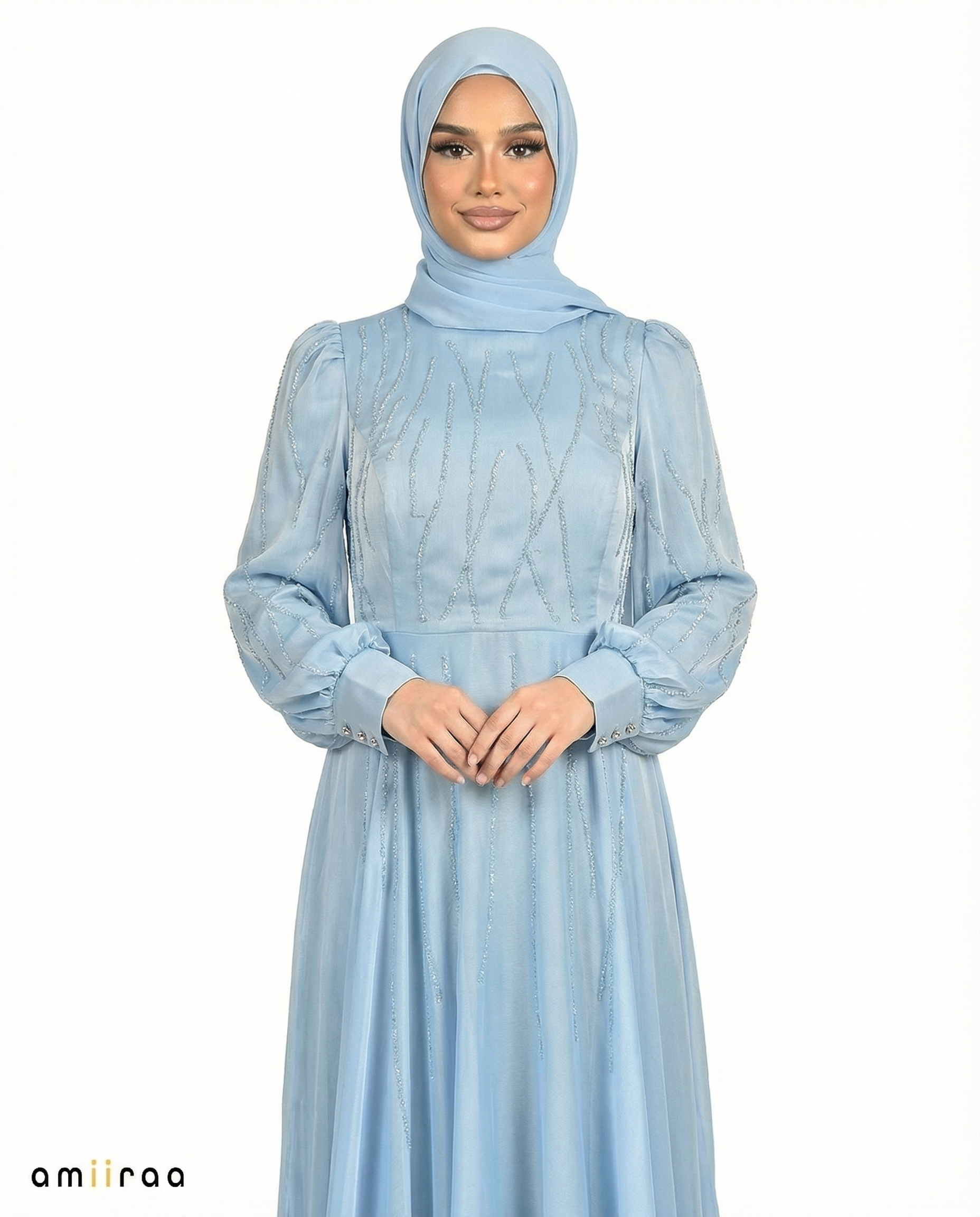 Forever Blue Embellished Stone Pattern Full-Length Dress