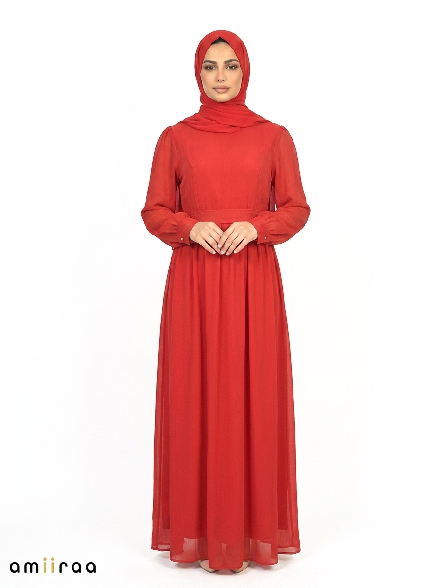 Rythmic Red Women’s Elegant Maxi Abaya Dress with Waist Belt