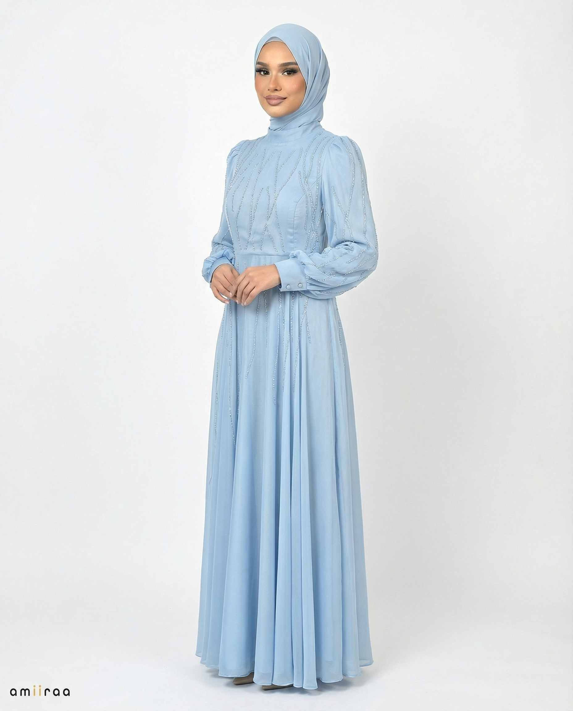 Forever Blue Embellished Stone Pattern Full-Length Dress