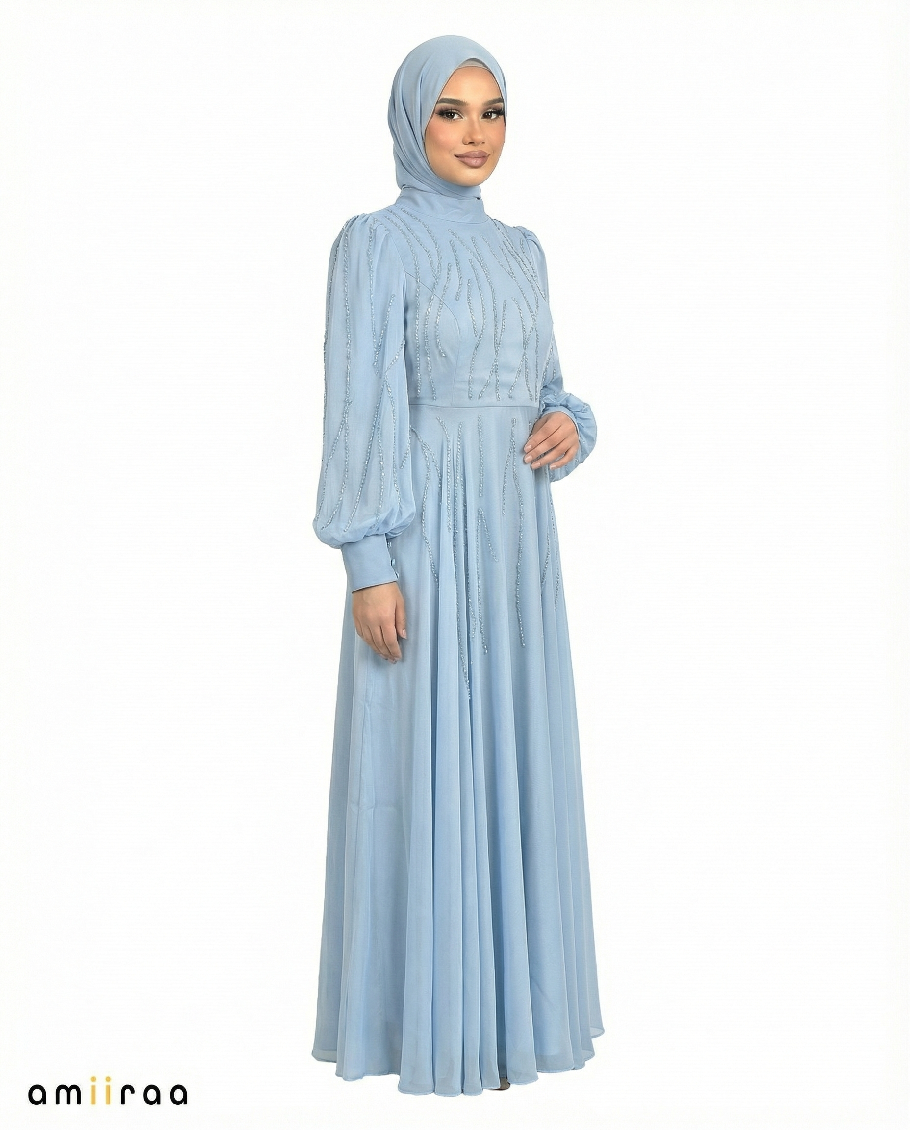 Forever Blue Embellished Stone Pattern Full-Length Dress