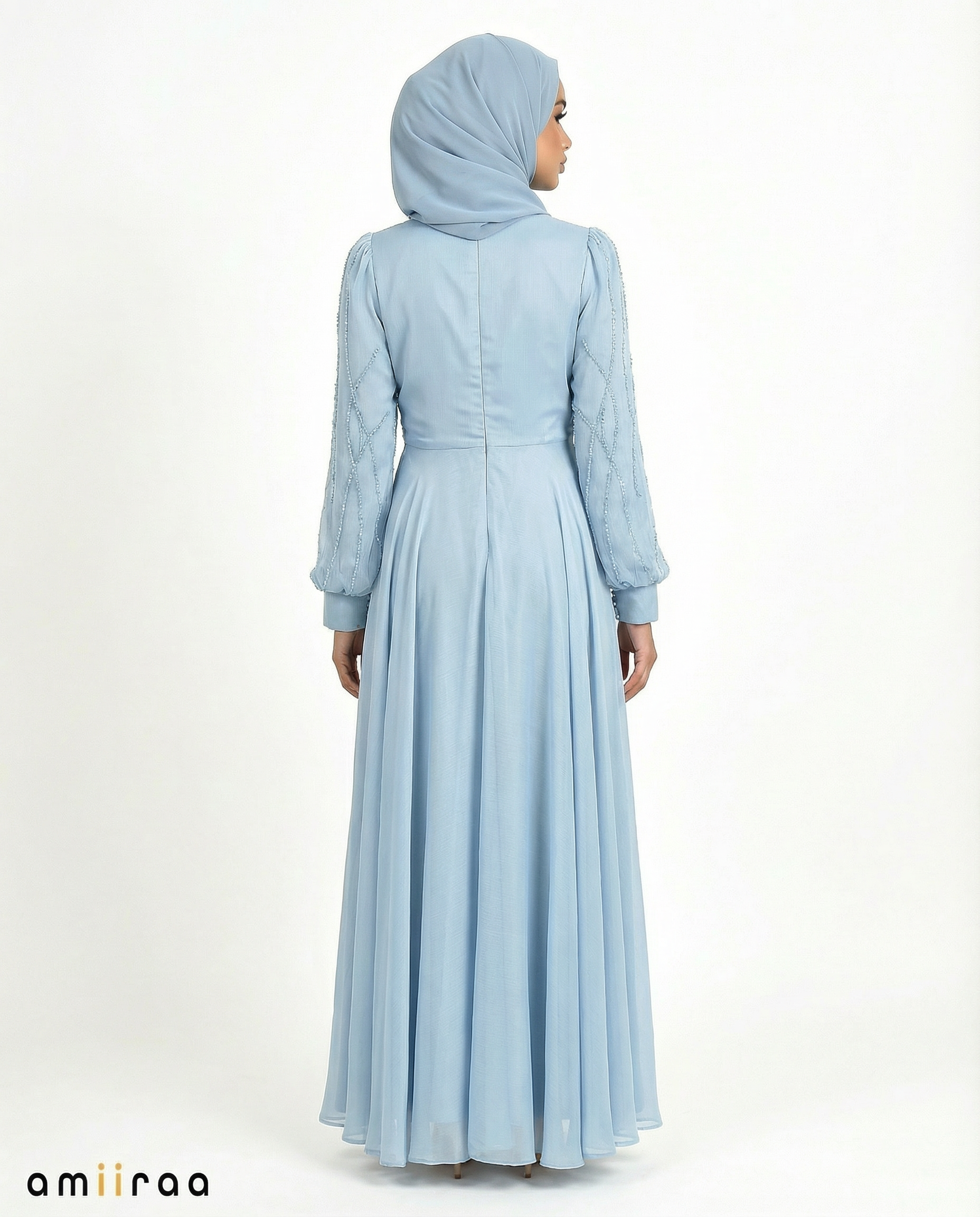 Forever Blue Embellished Stone Pattern Full-Length Dress