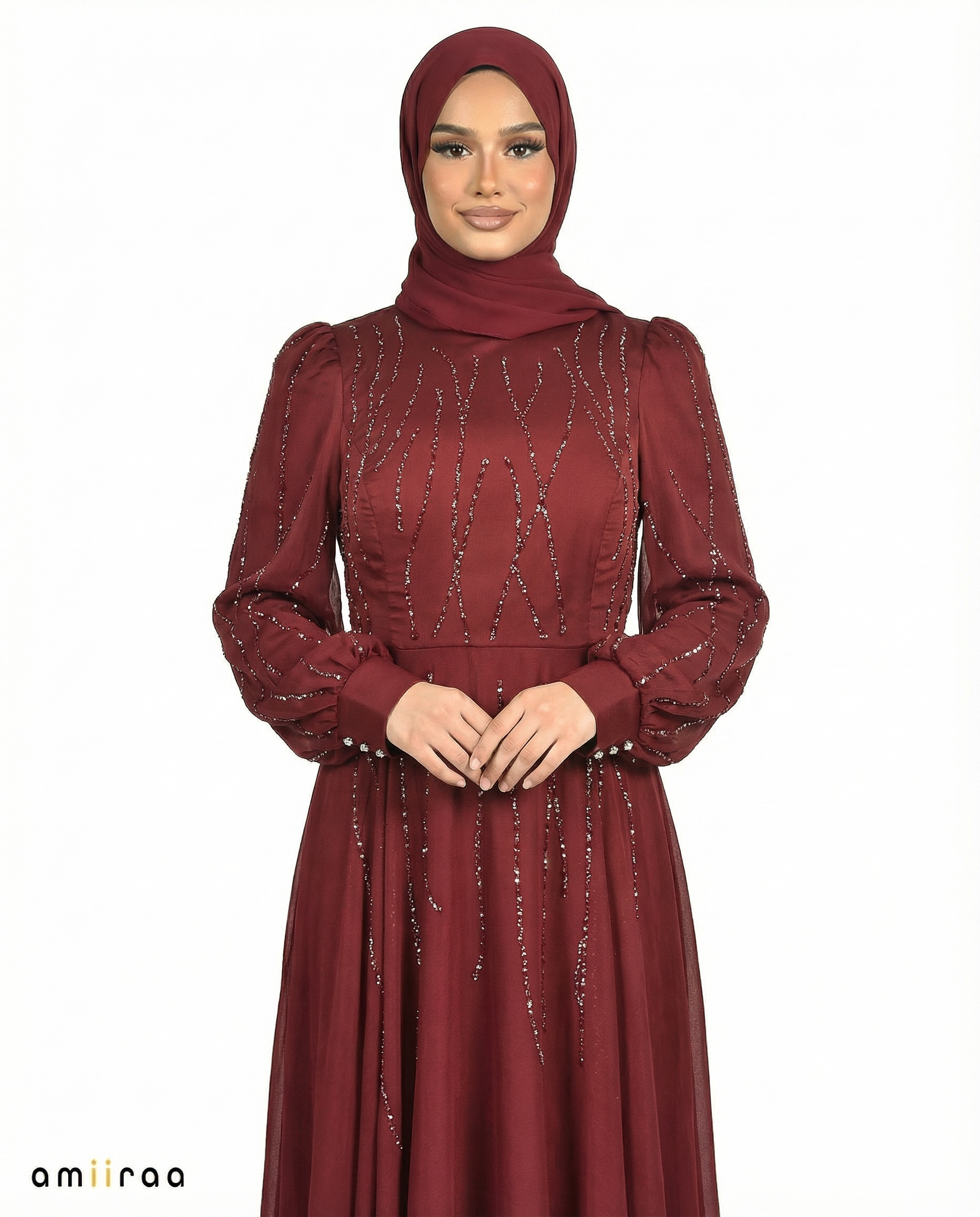 Rhododendron Embellished Stone Pattern Full-Length Dress