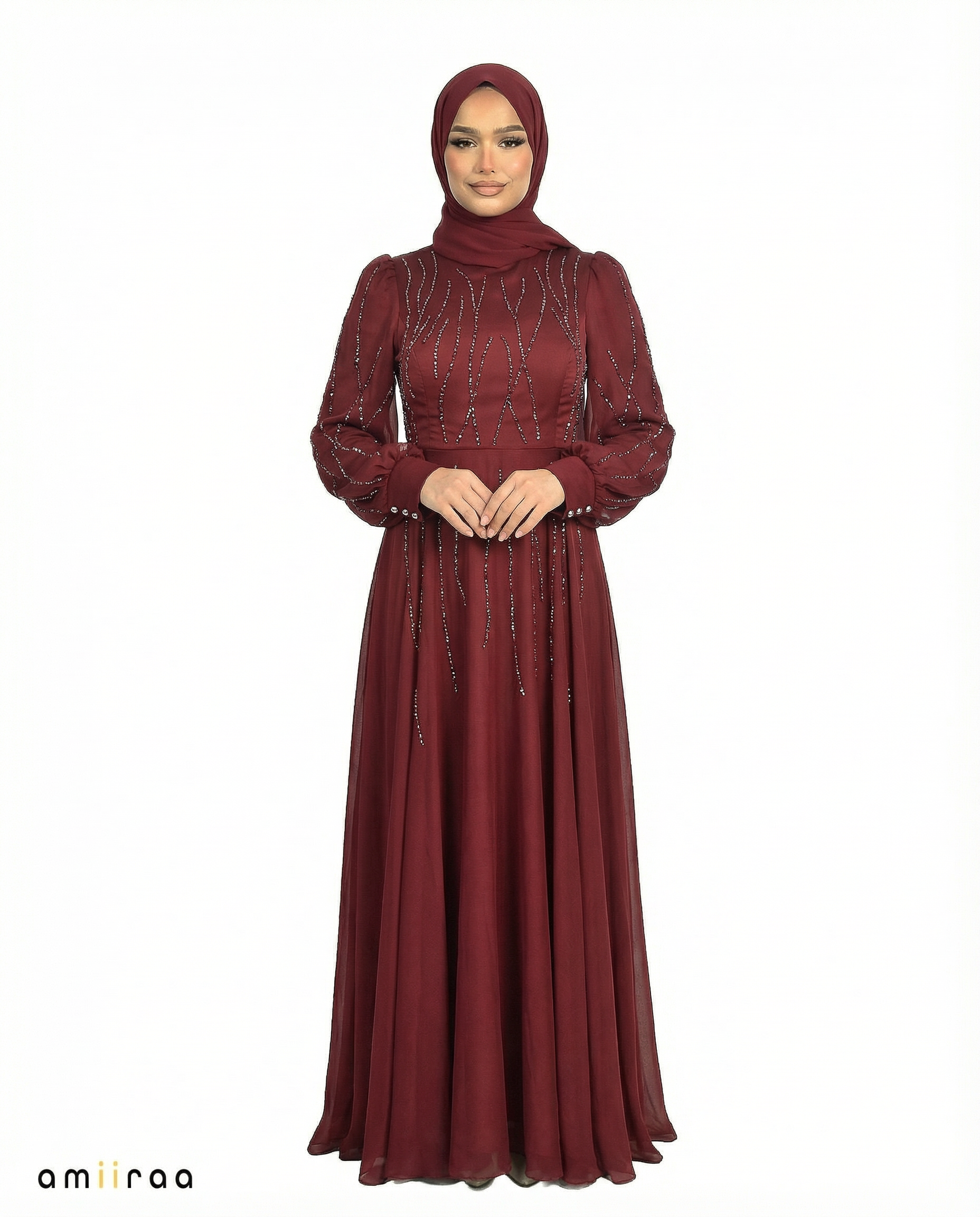 Rhododendron Embellished Stone Pattern Full-Length Dress