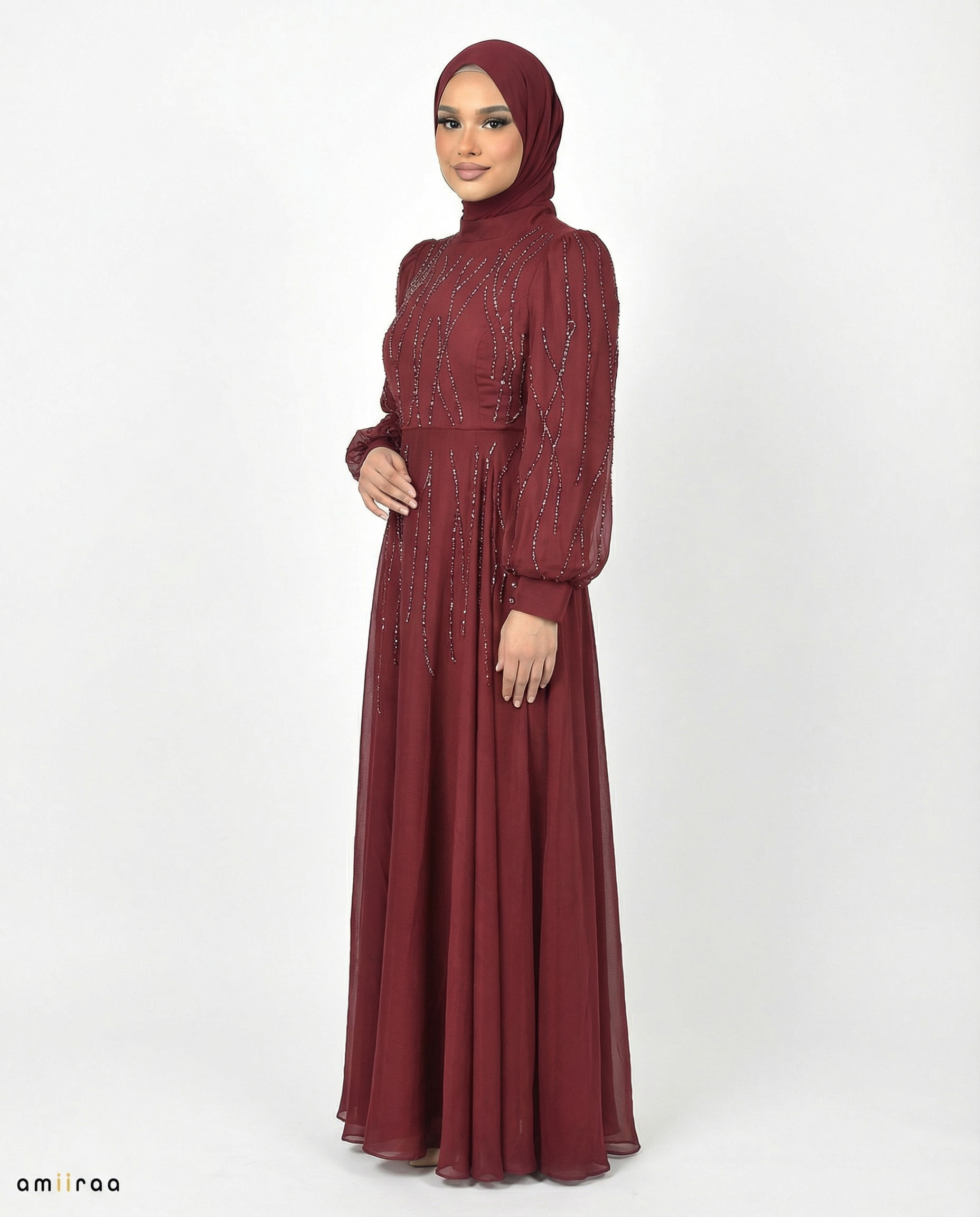 Rhododendron Embellished Stone Pattern Full-Length Dress