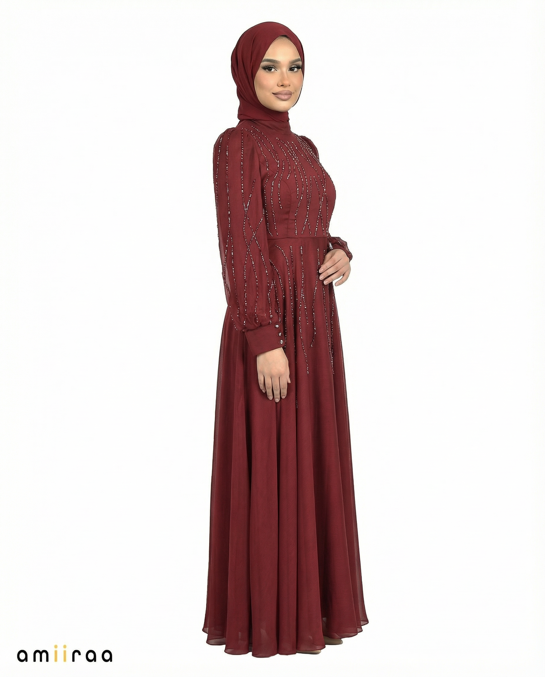 Rhododendron Embellished Stone Pattern Full-Length Dress