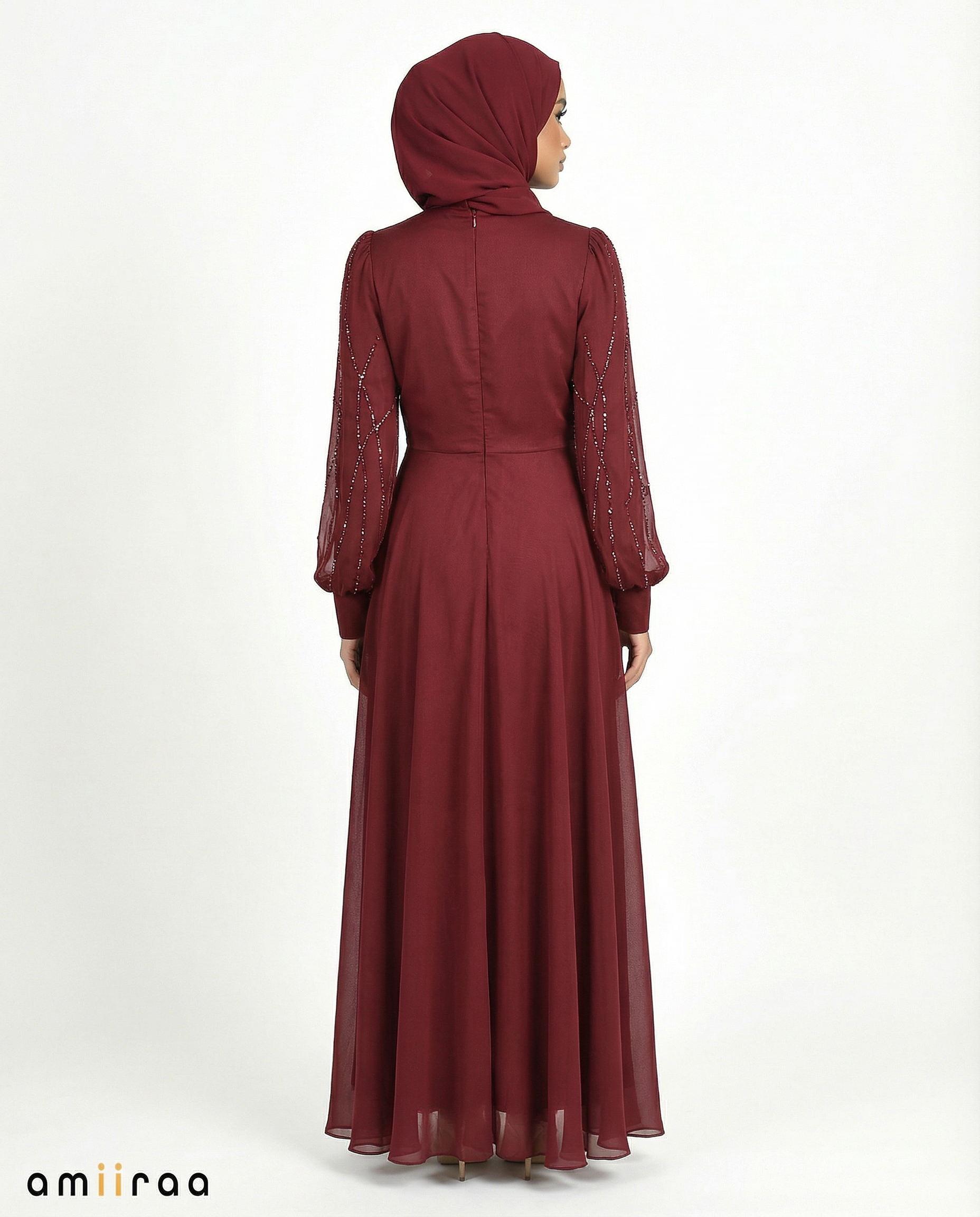 Rhododendron Embellished Stone Pattern Full-Length Dress