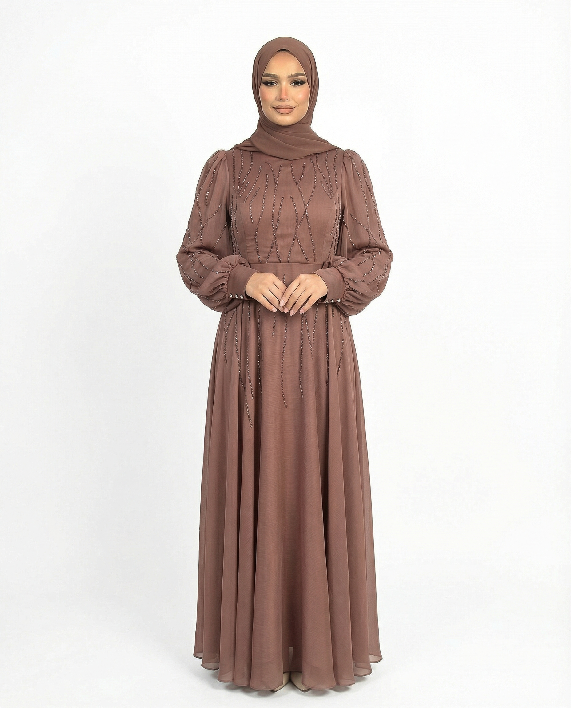 Nutmeg Embellished Stone Pattern Full-Length Dress