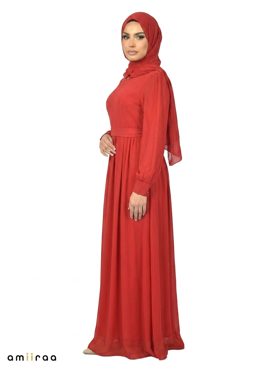 Rythmic Red Women’s Elegant Maxi Abaya Dress with Waist Belt