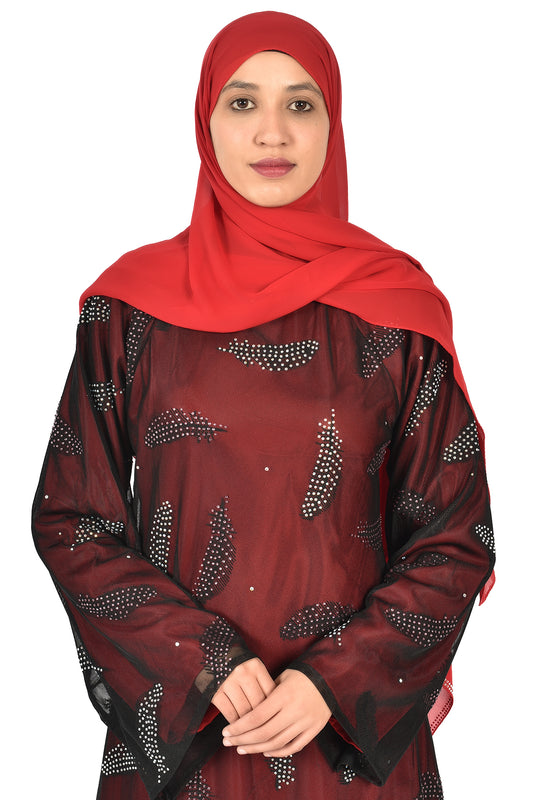 Elegant Maroon Abaya with Black Sheer Overlay and Crystal Embellishments ( ladies abaya )