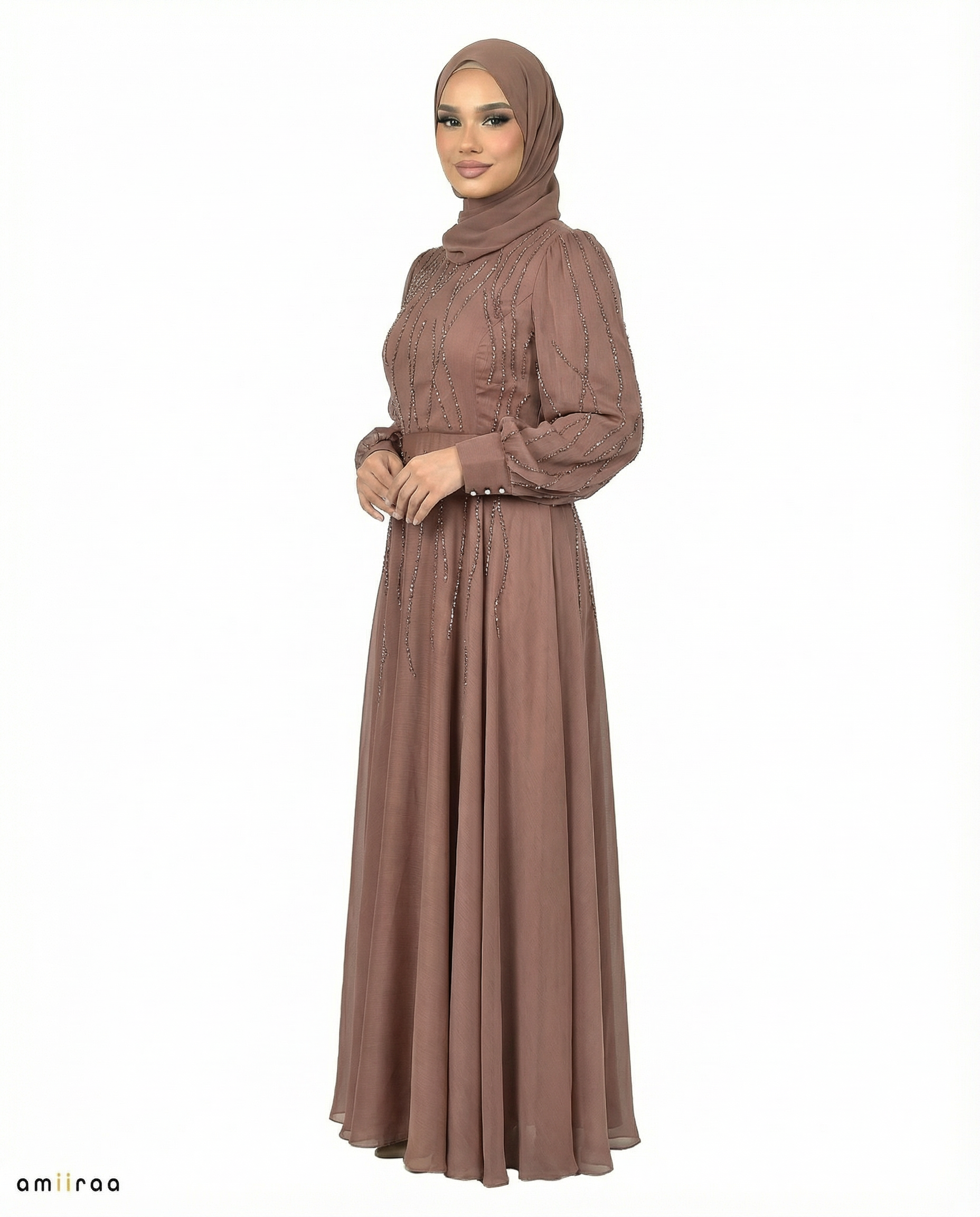 Nutmeg Embellished Stone Pattern Full-Length Dress