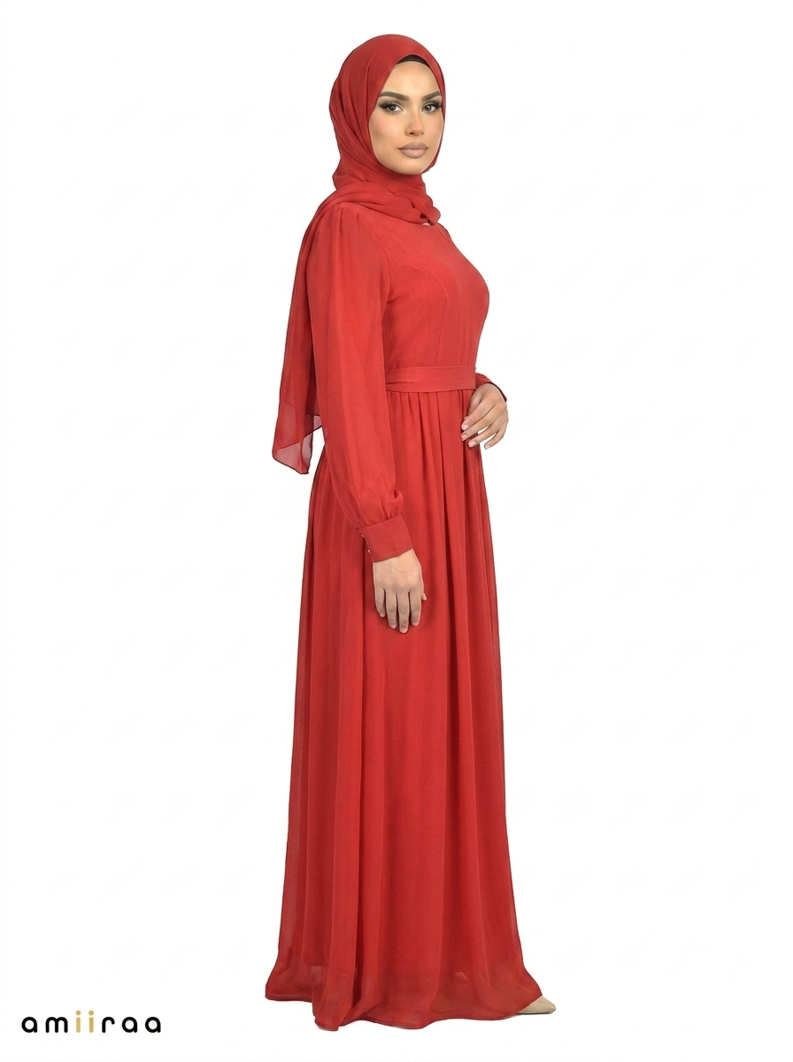 Rythmic Red Women’s Elegant Maxi Abaya Dress with Waist Belt