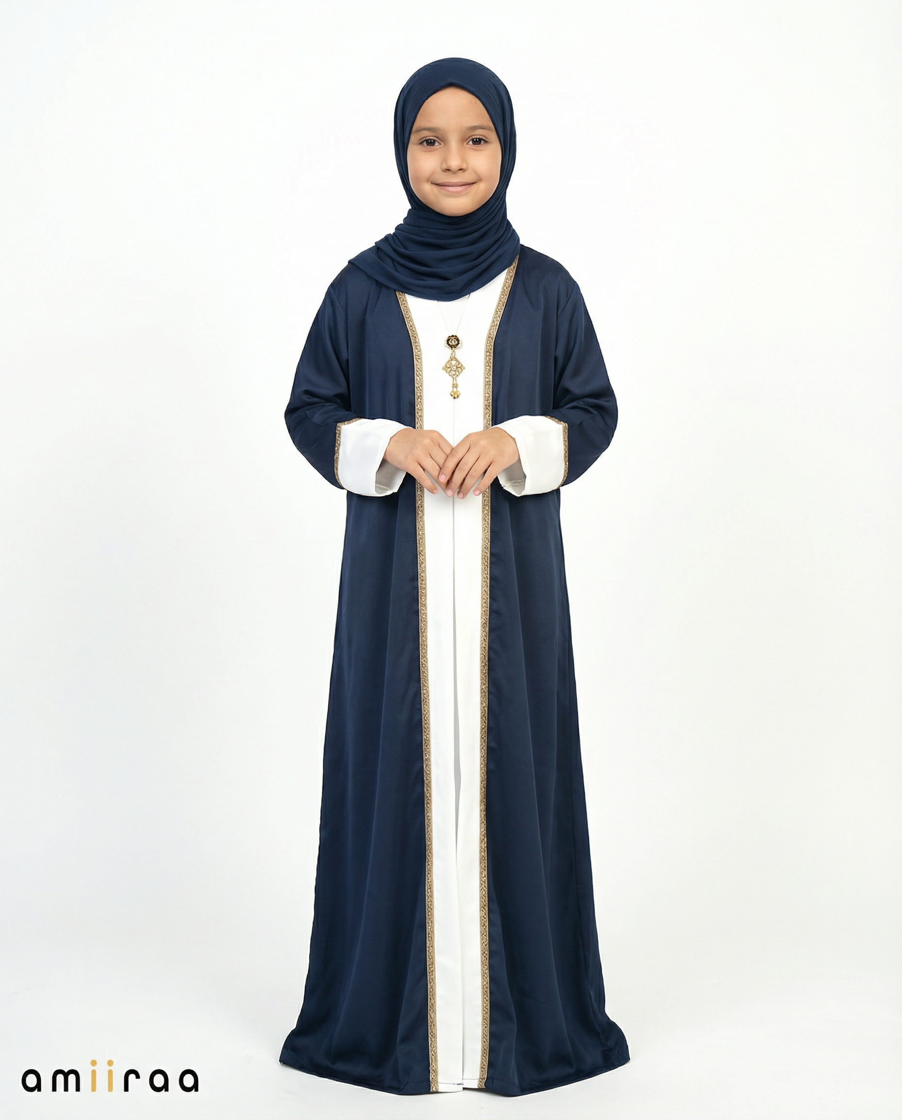 Black Iris Girls Elegant Open Abaya with Gold Trim Detailing