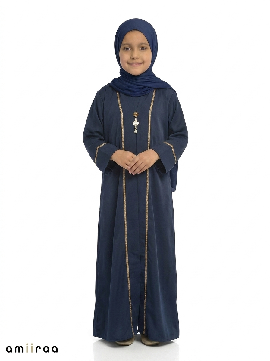 Dress Blue Saudi Abaya with Gold Trim Detailing