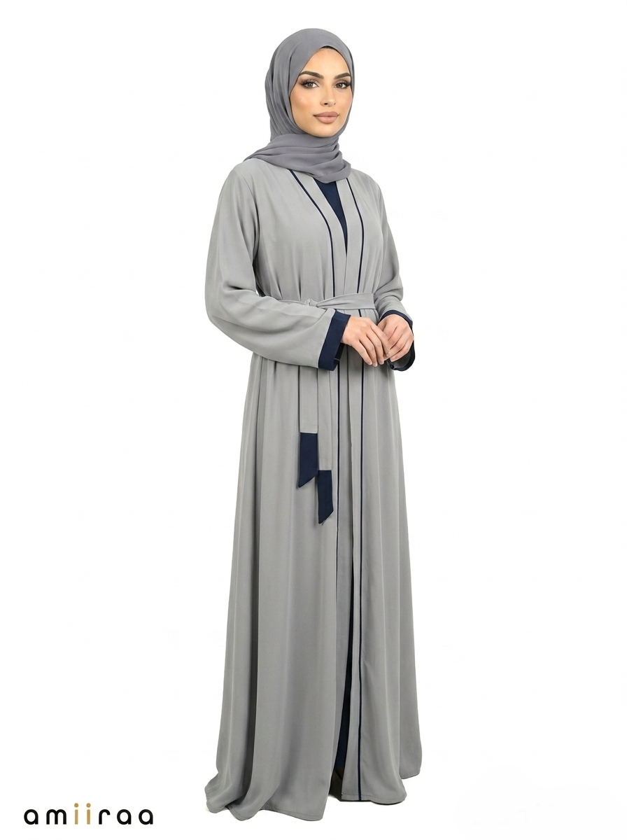 Stormy Weather Contrast Trim Belted Two-Piece Open Front Maxi Abaya