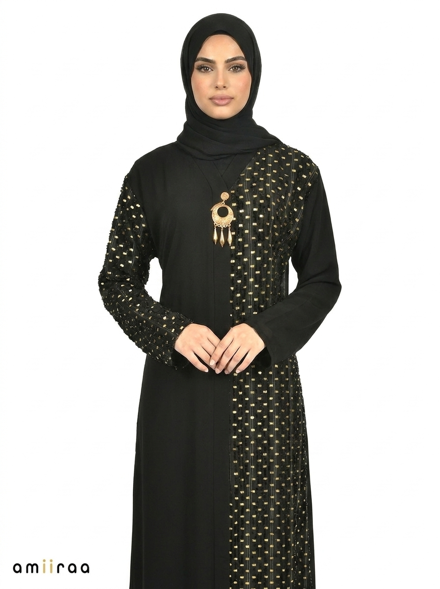 Women’s Elegant Black & Gold Printed Abaya