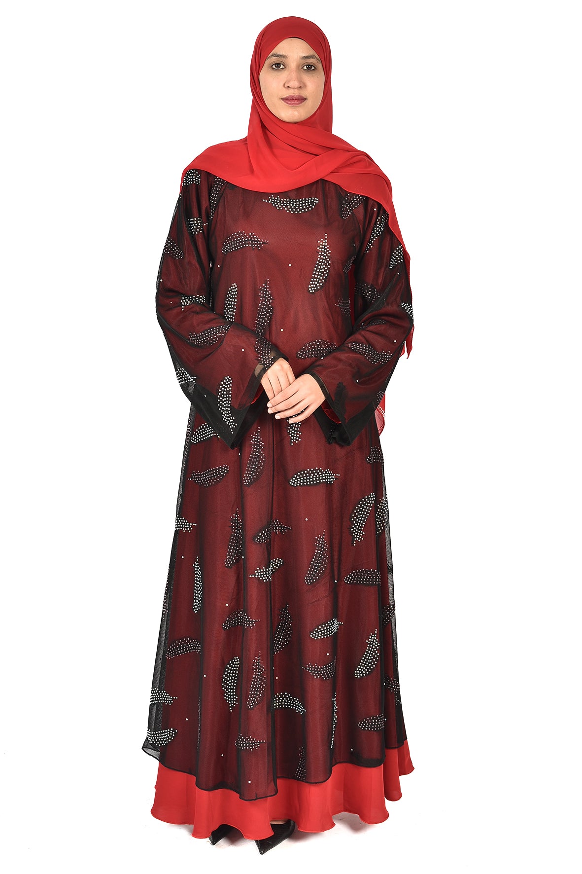 Elegant Maroon Abaya with Black Sheer Overlay and Crystal Embellishments ( ladies abaya )