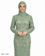Balsam Green Fitted Heavy Beaded Chevron Full-Length Maxi Dress