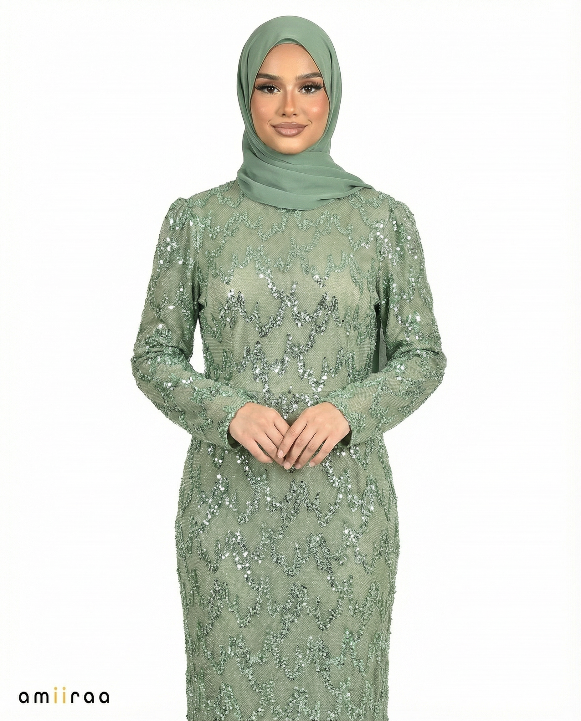 Balsam Green Fitted Heavy Beaded Chevron Full-Length Maxi Dress