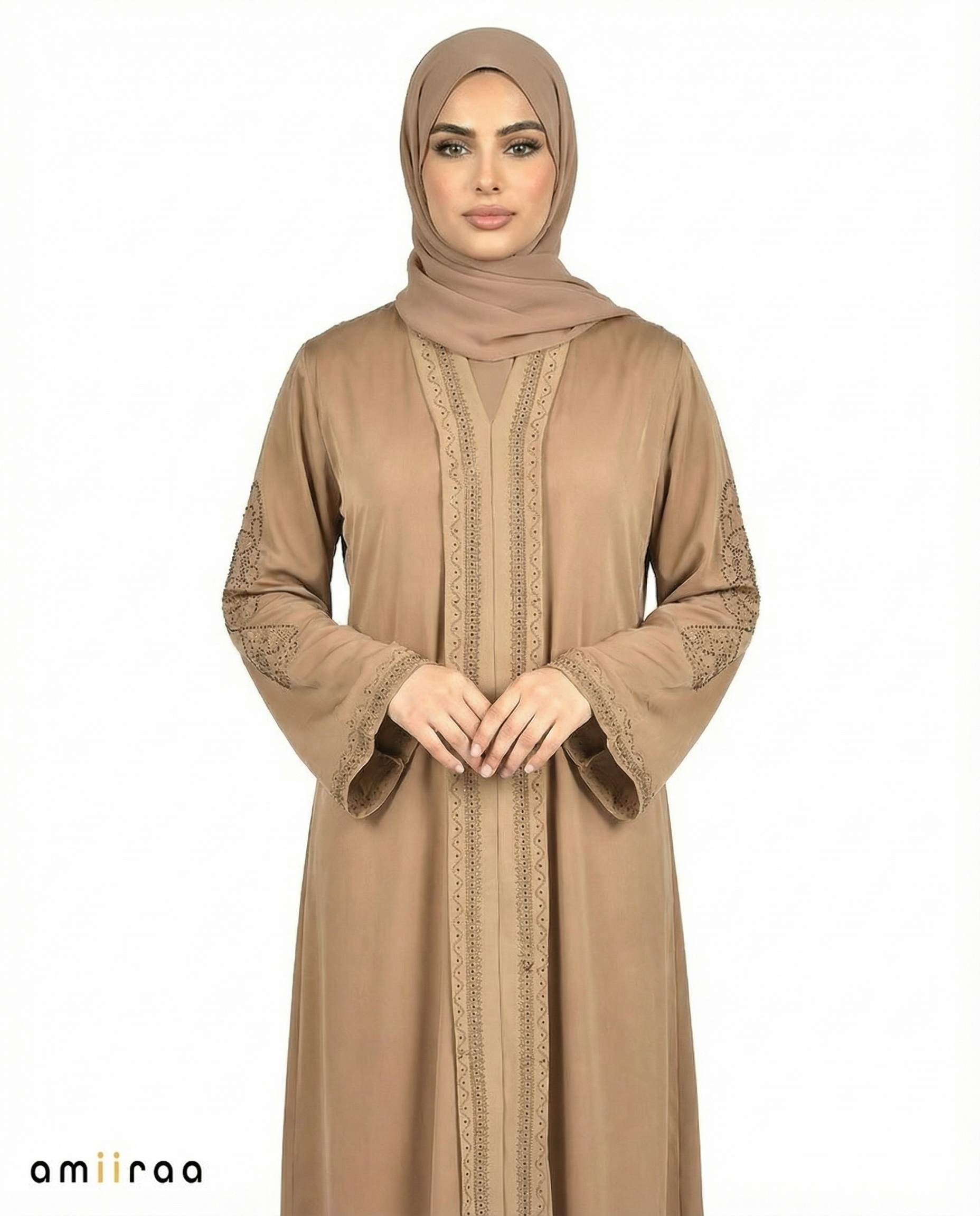 Covert Green Ornate Detailed Panel Full-Length Abaya