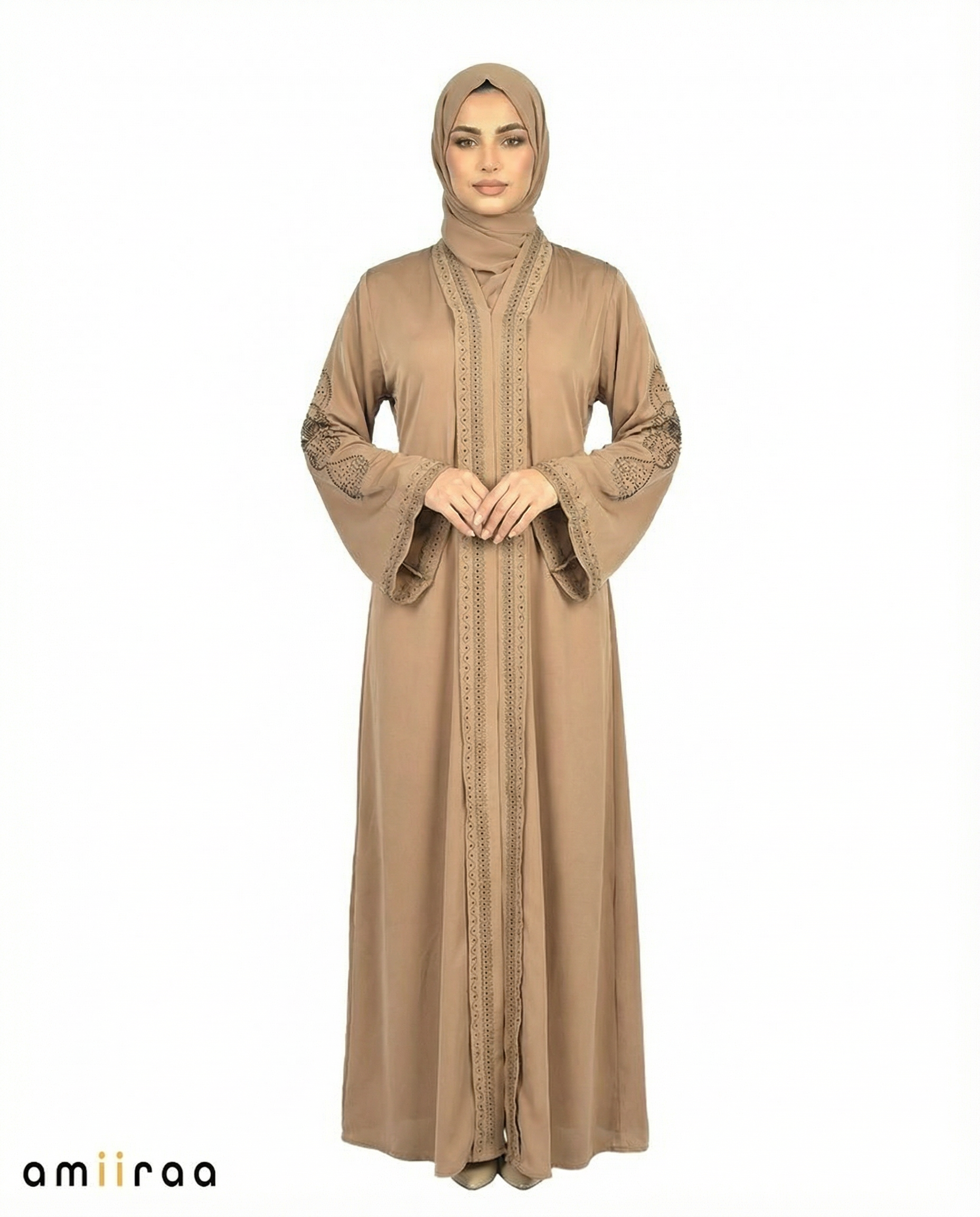 Covert Green Ornate Detailed Panel Full-Length Abaya