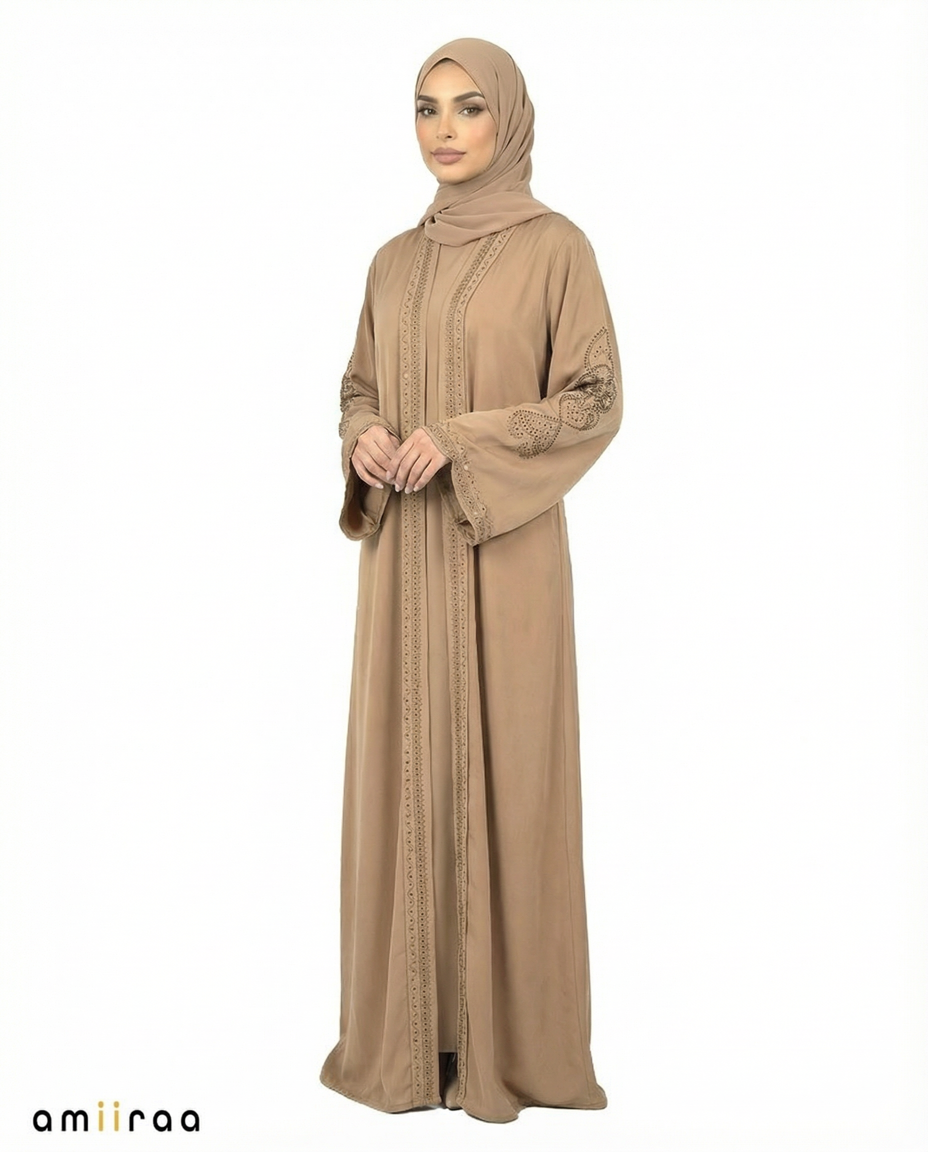 Covert Green Ornate Detailed Panel Full-Length Abaya