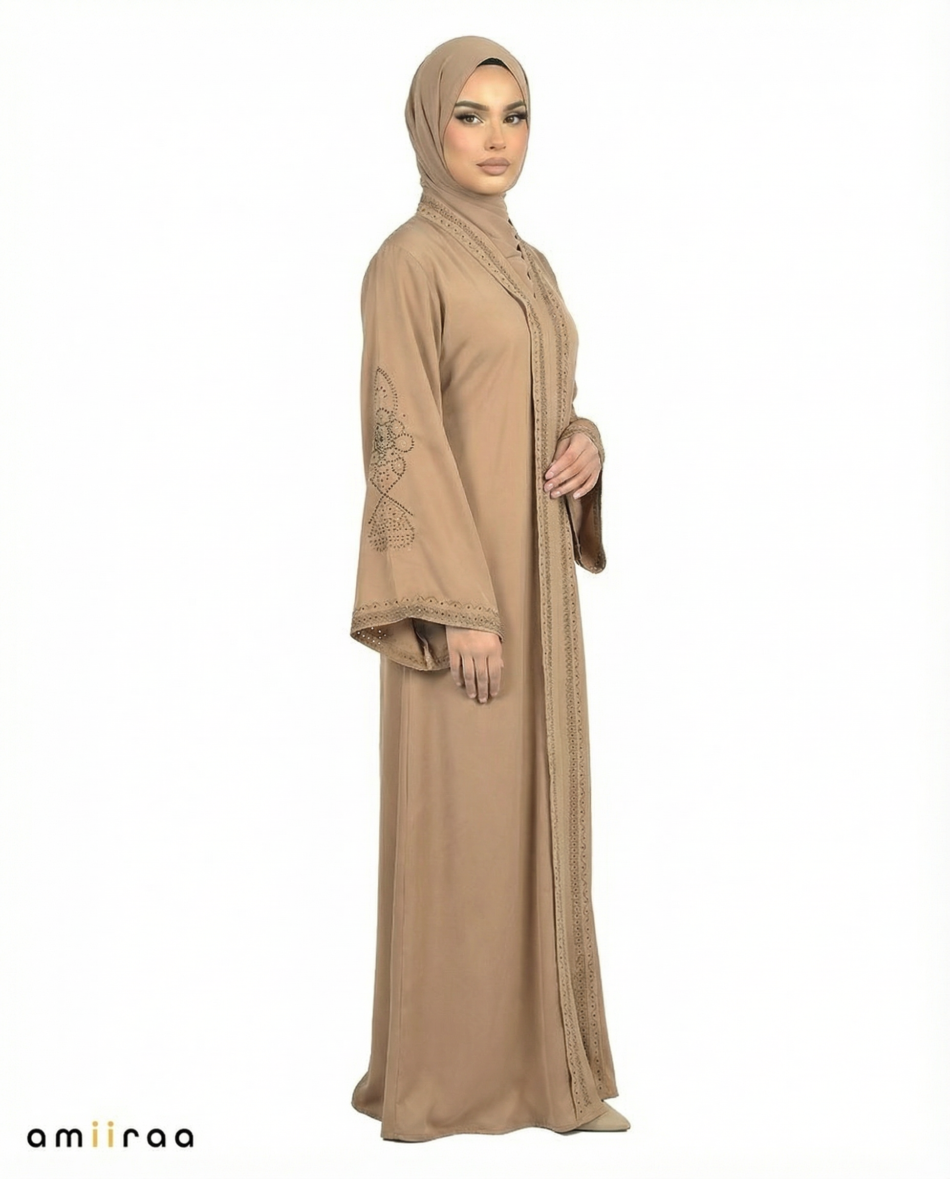 Covert Green Ornate Detailed Panel Full-Length Abaya