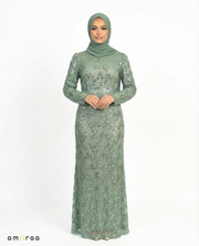 Balsam Green Fitted Heavy Beaded Chevron Full-Length Maxi Dress