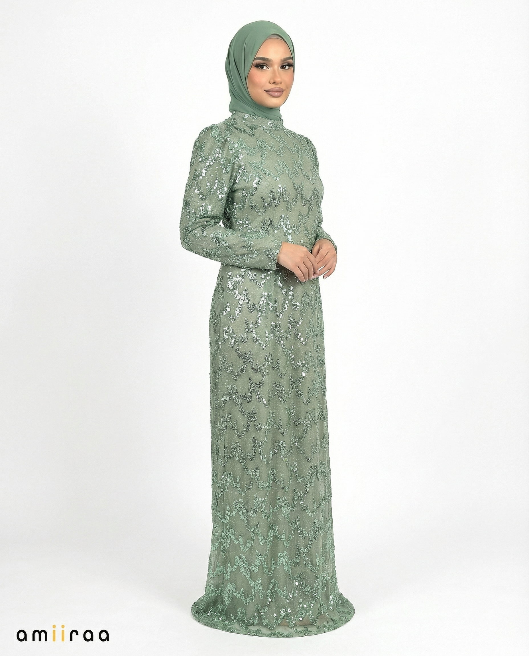 Balsam Green Fitted Heavy Beaded Chevron Full-Length Maxi Dress