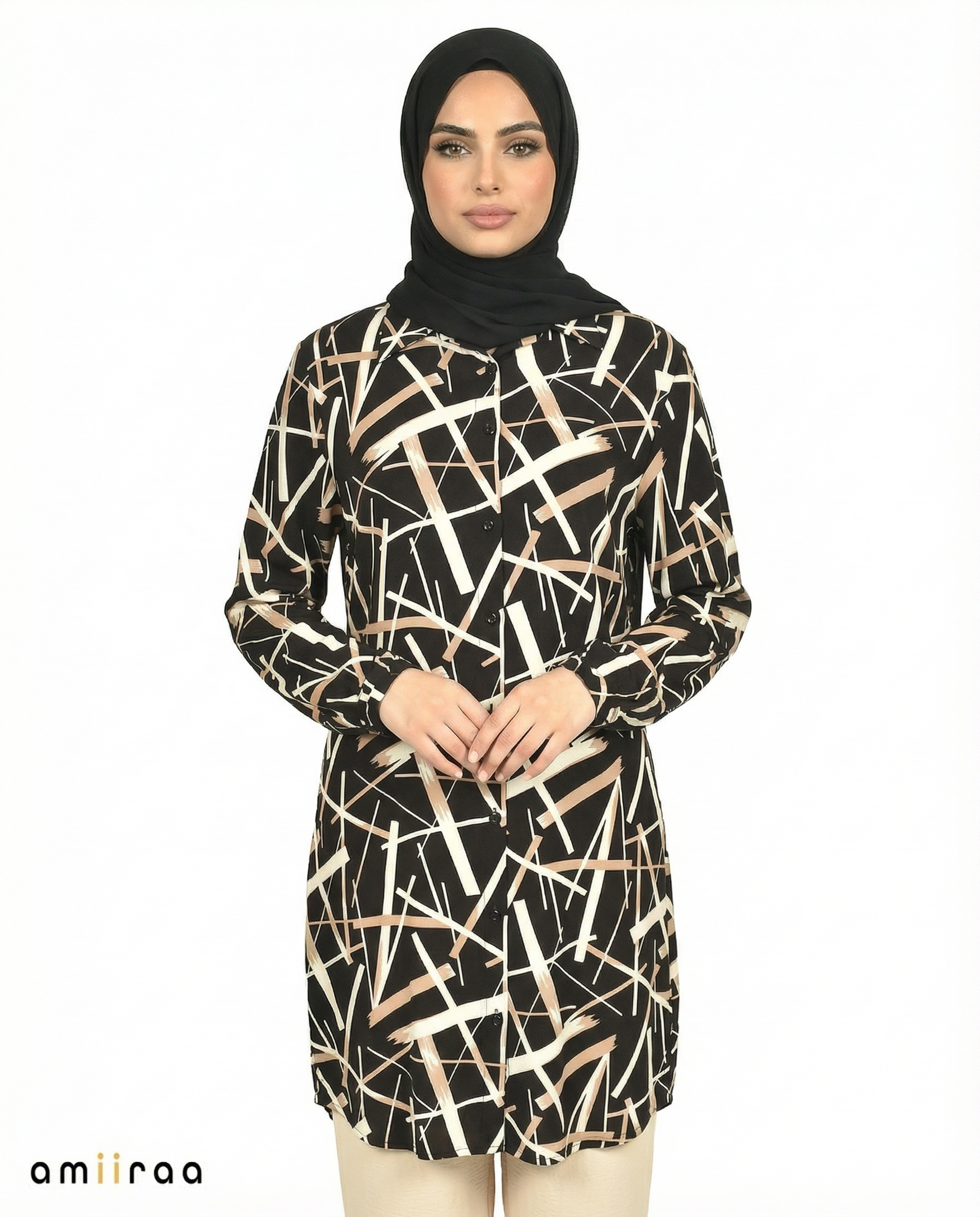 Jet Black Abstract Print Modest Tunic & Wide-Leg Set