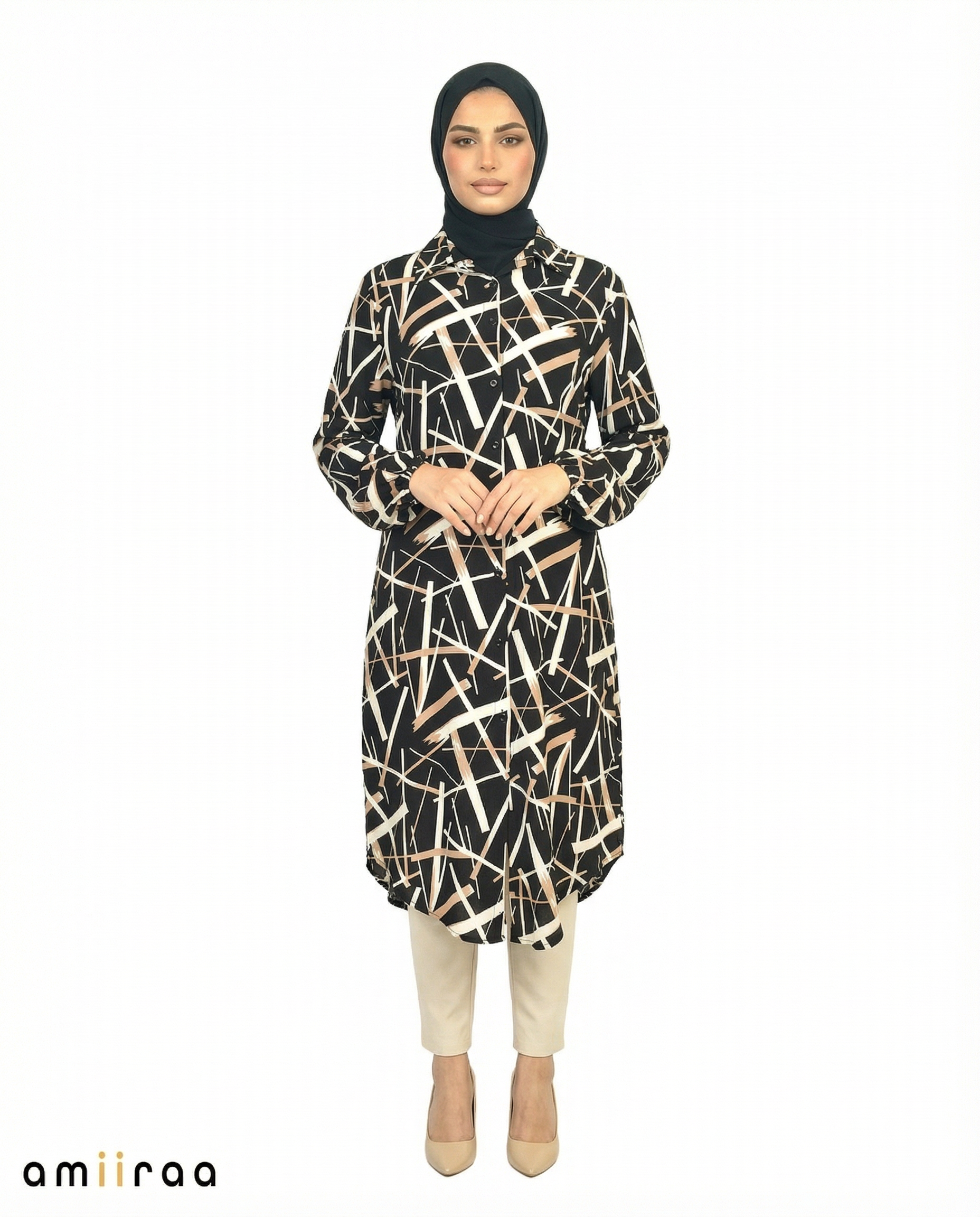 Jet Black Abstract Print Modest Tunic & Wide-Leg Set