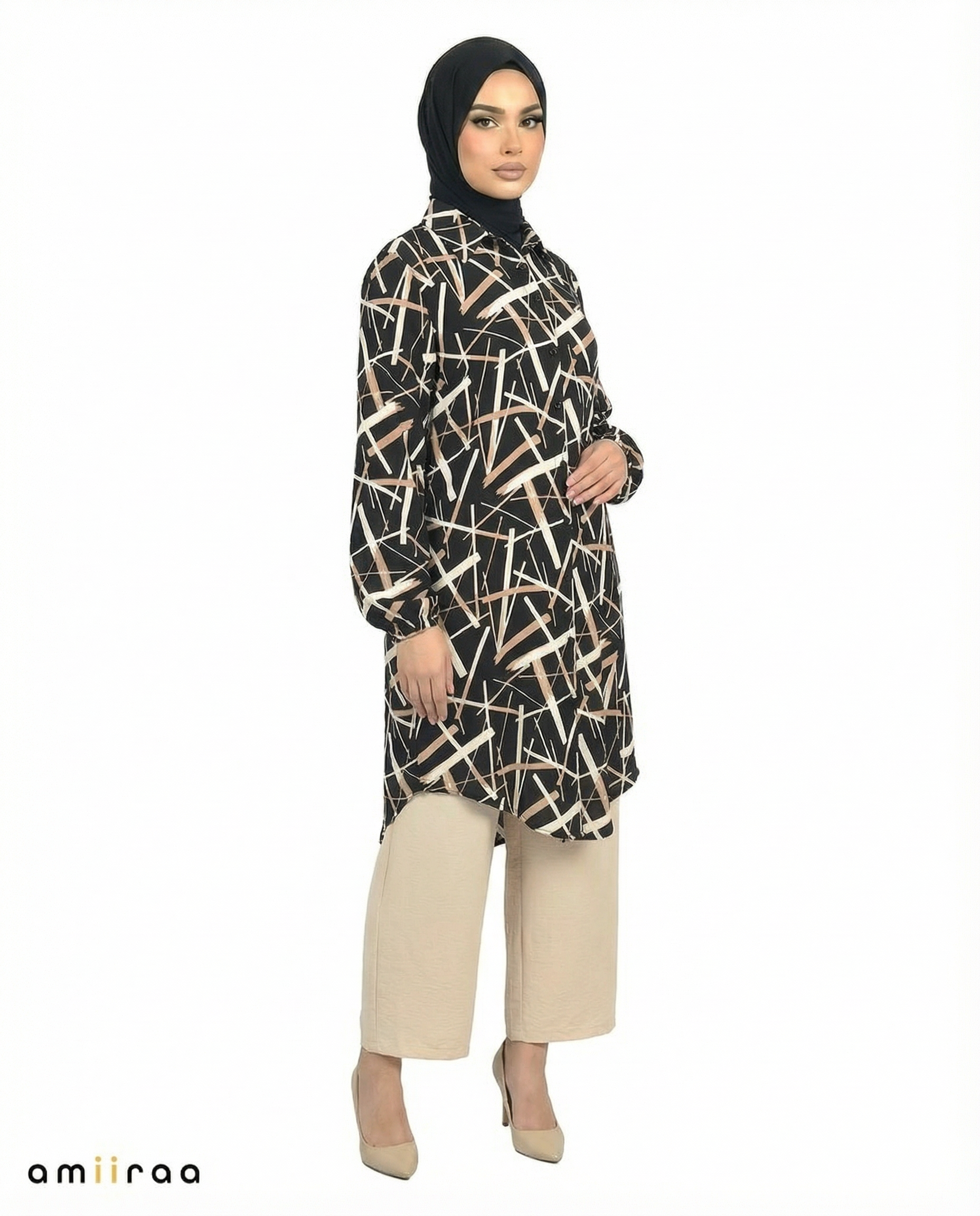 Jet Black Abstract Print Modest Tunic & Wide-Leg Set