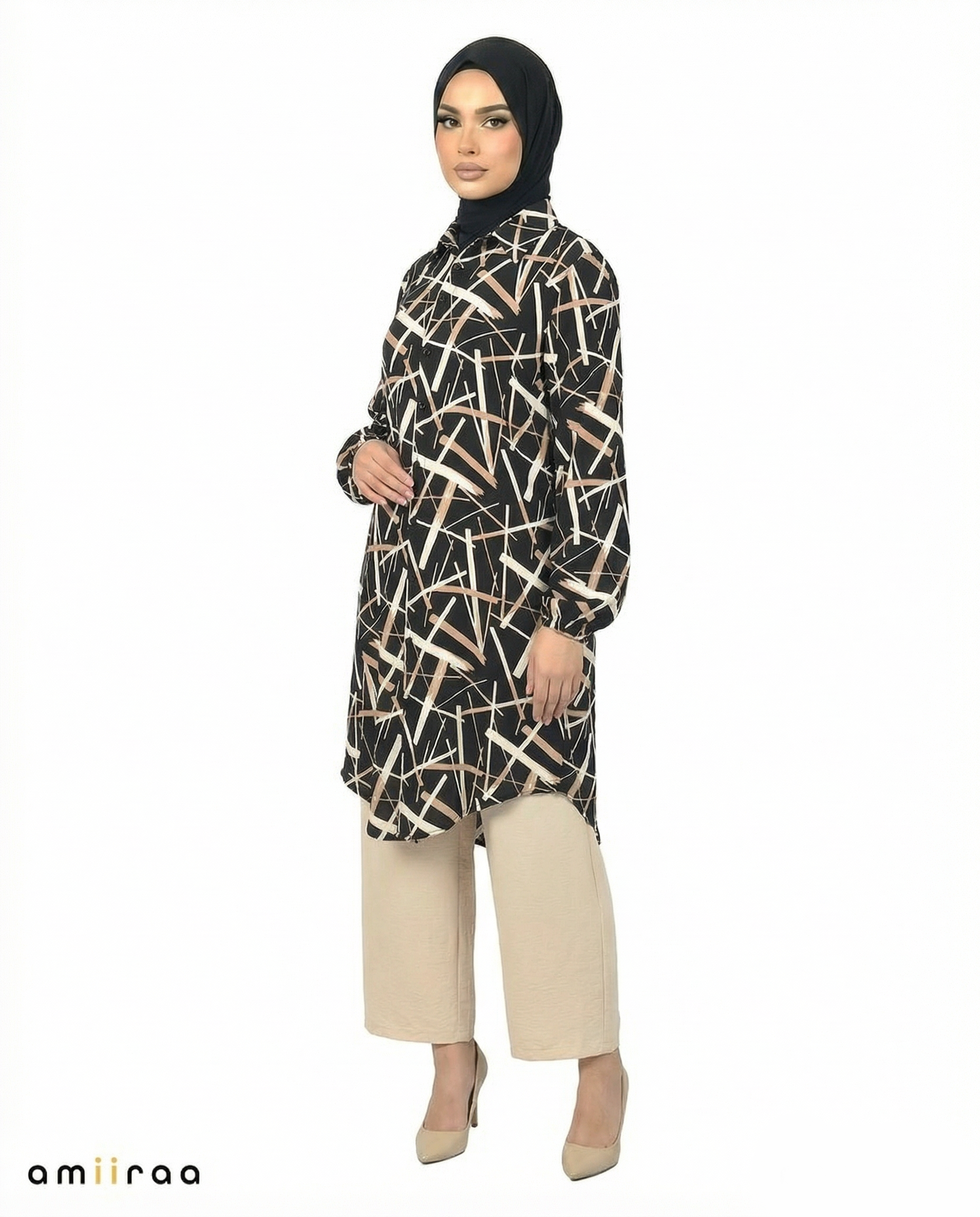 Jet Black Abstract Print Modest Tunic & Wide-Leg Set