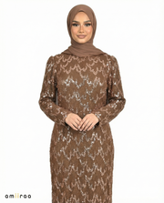 Brandied Melon Fitted Heavy Beaded Chevron Full-Length Maxi Dress