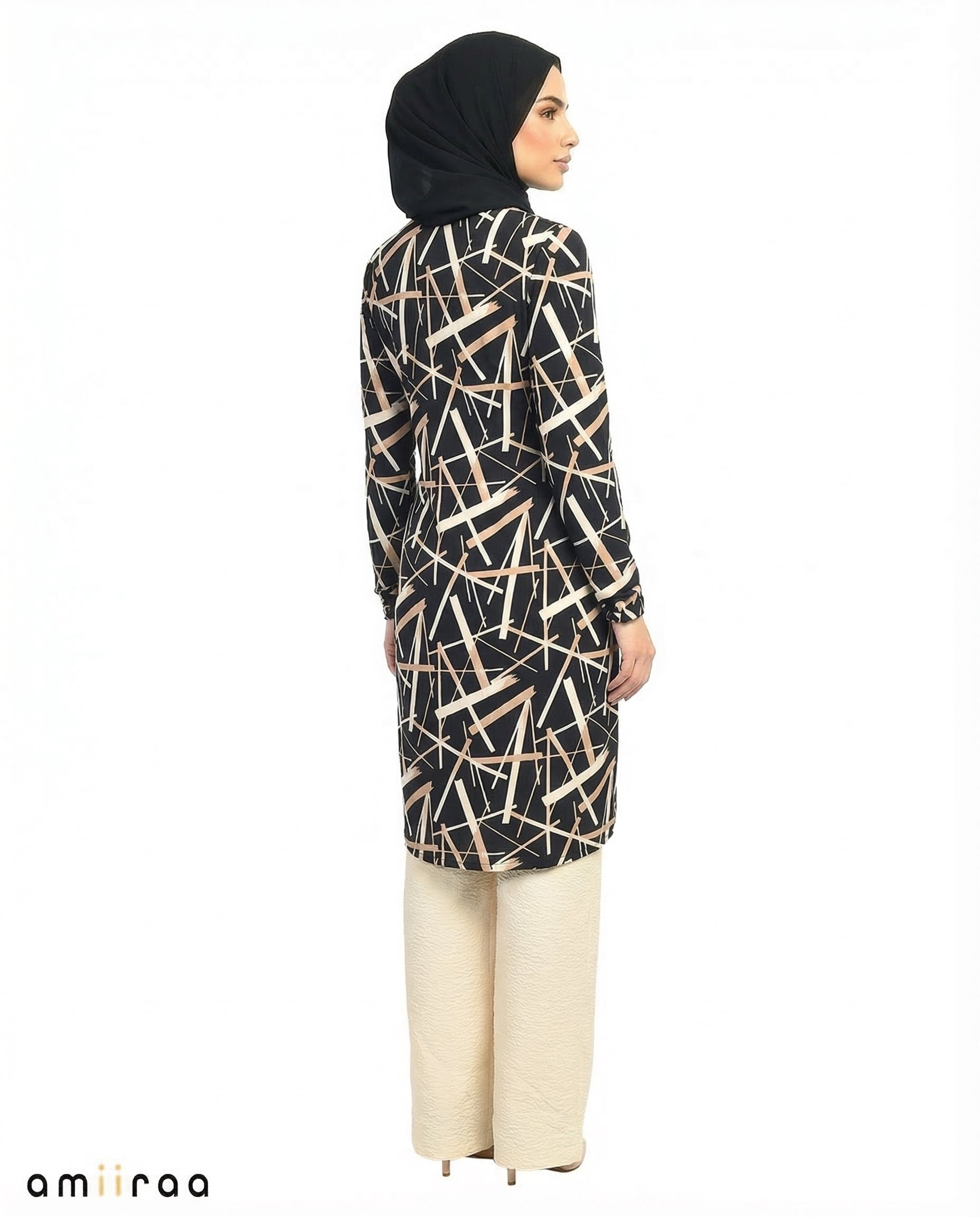 Jet Black Abstract Print Modest Tunic & Wide-Leg Set
