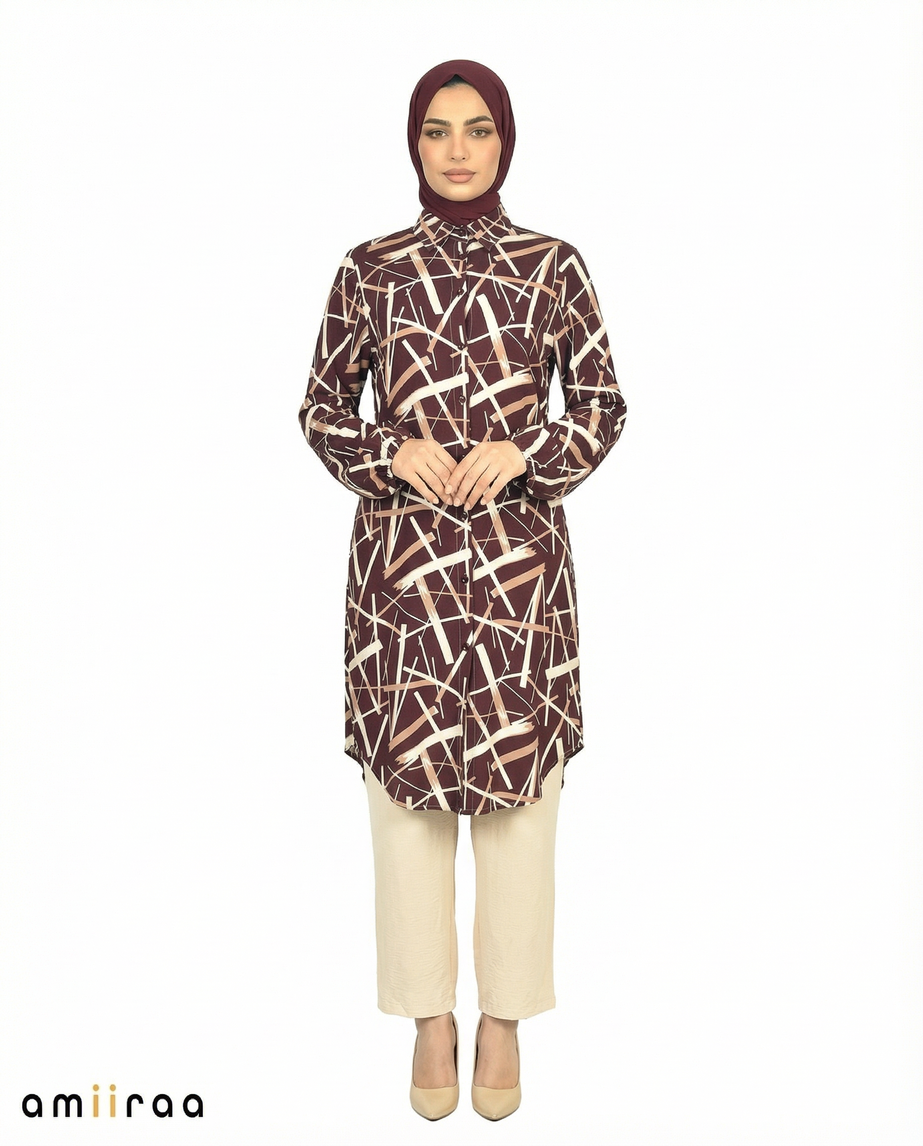 Italian Plum Abstract Print Modest Tunic & Wide-Leg Set