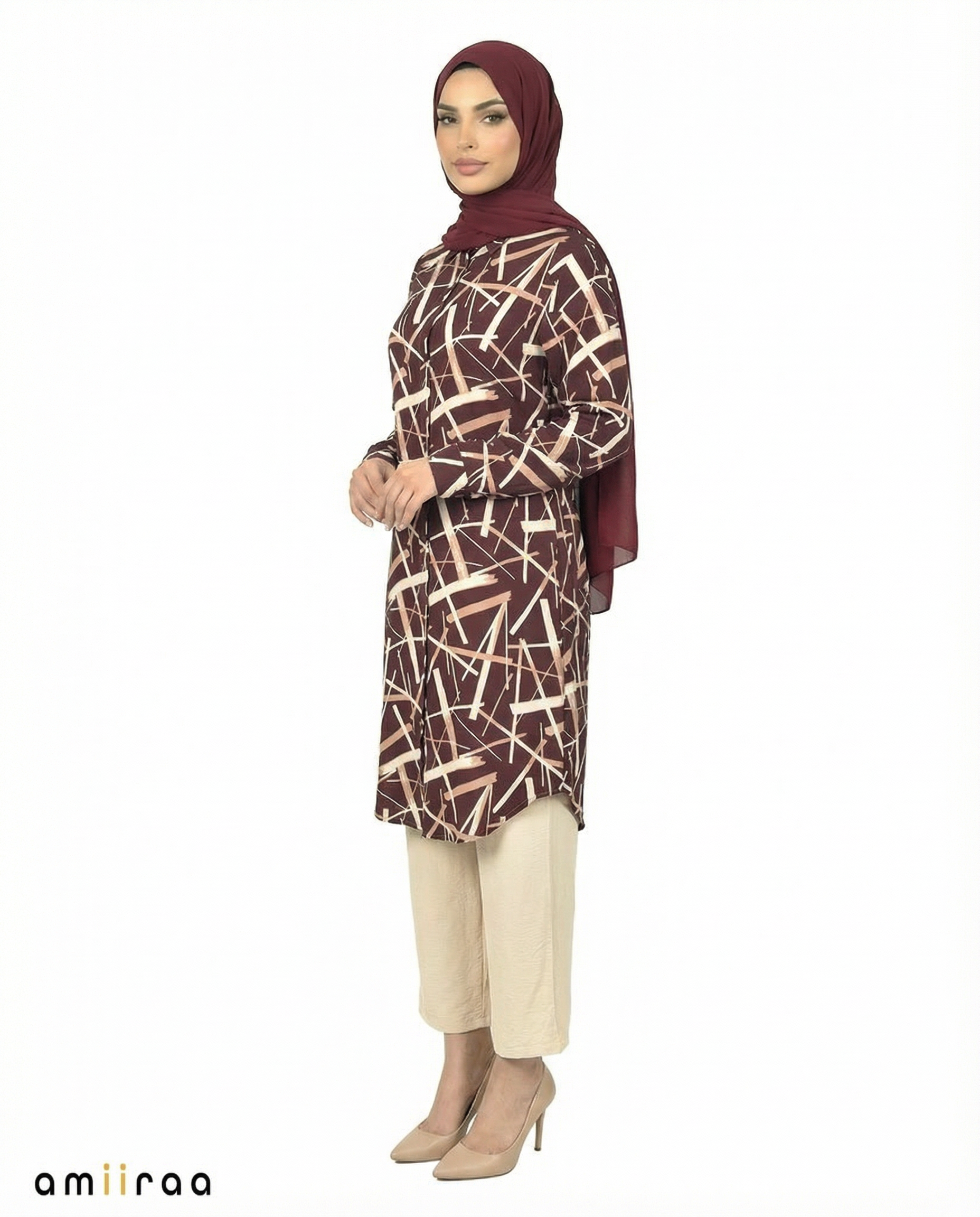 Italian Plum Abstract Print Modest Tunic & Wide-Leg Set
