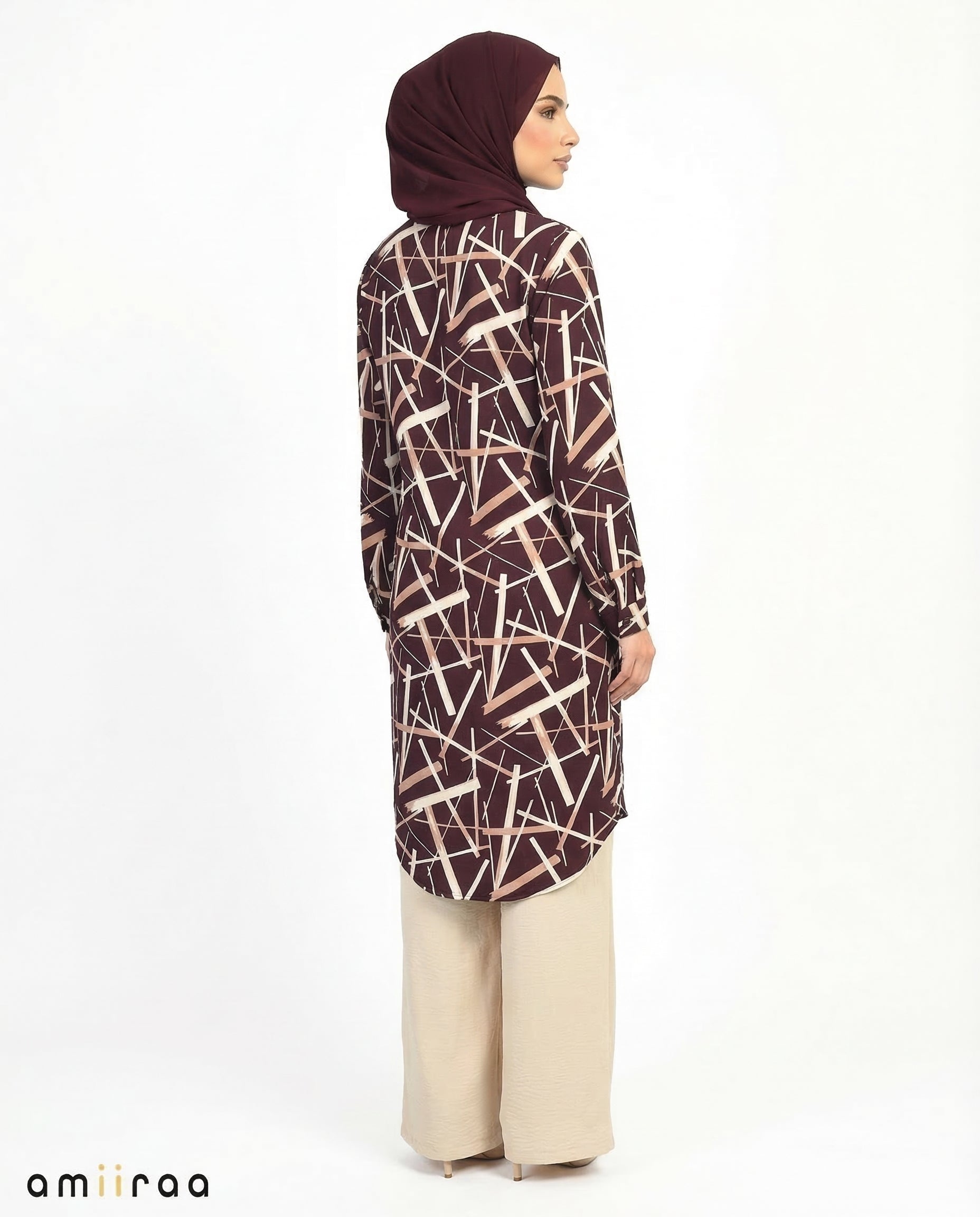 Italian Plum Abstract Print Modest Tunic & Wide-Leg Set