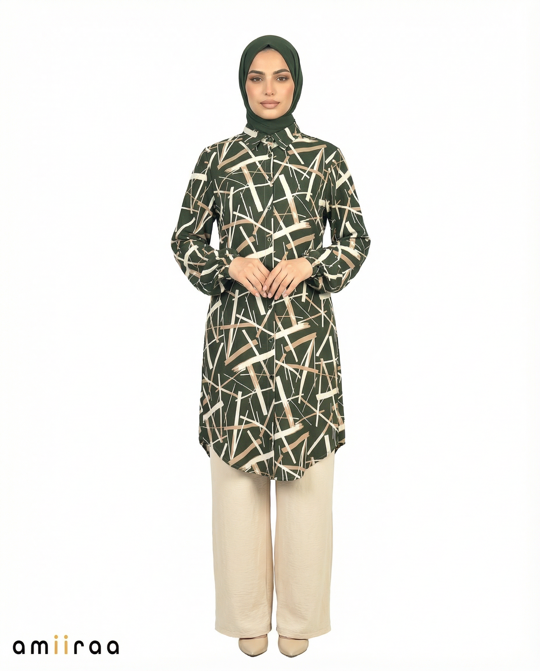 Cilantro Abstract Print Modest Tunic & Wide-Leg Set