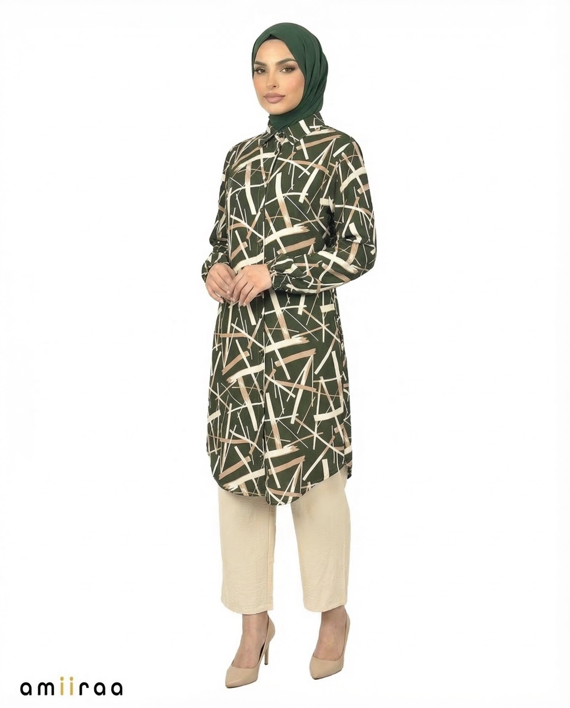 Cilantro Abstract Print Modest Tunic & Wide-Leg Set