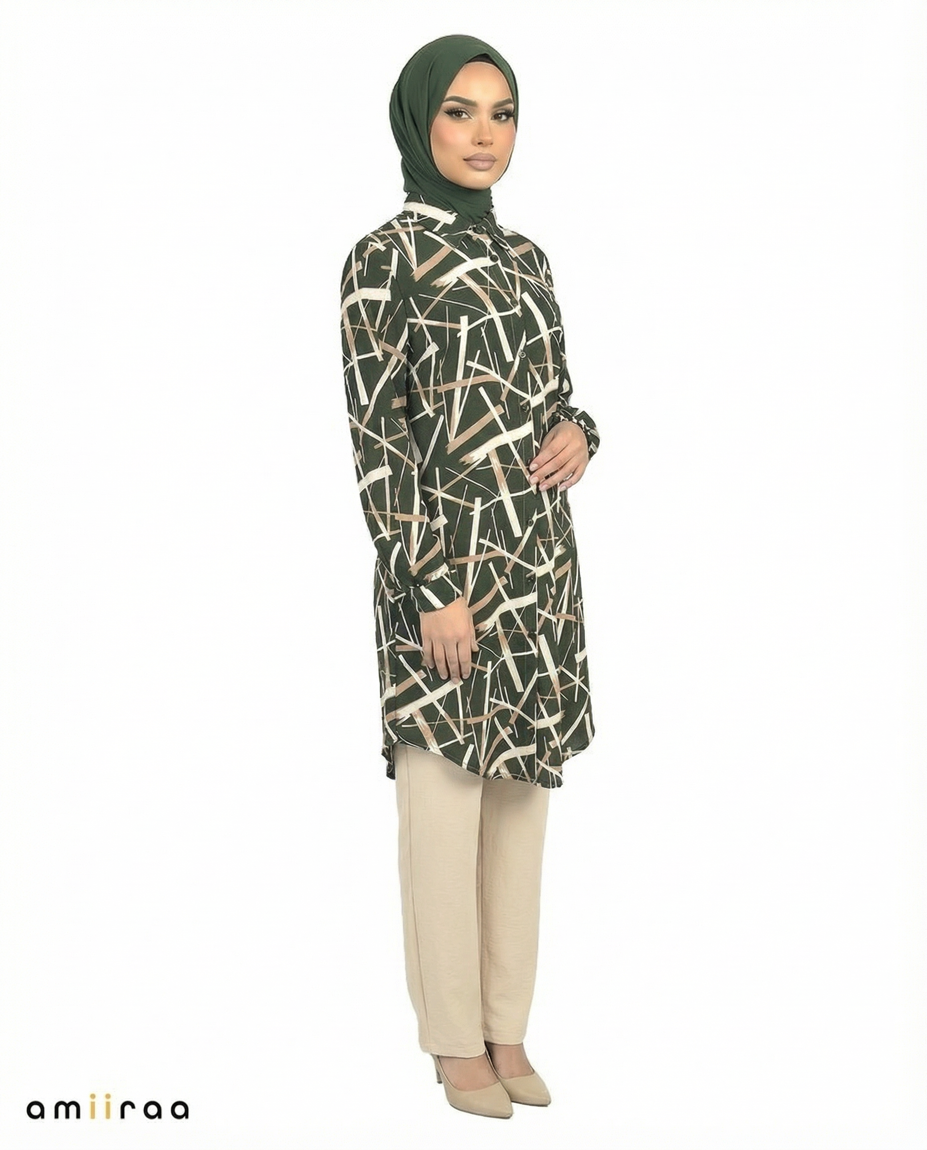 Cilantro Abstract Print Modest Tunic & Wide-Leg Set