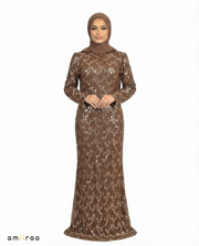 Brandied Melon Fitted Heavy Beaded Chevron Full-Length Maxi Dress