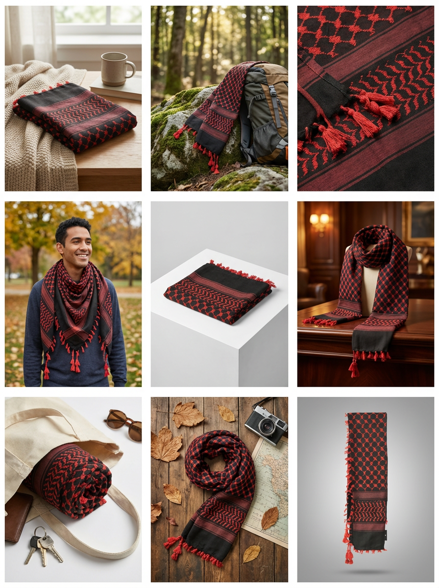 Brick Red Keffiyeh Pattern Tassel Scarf