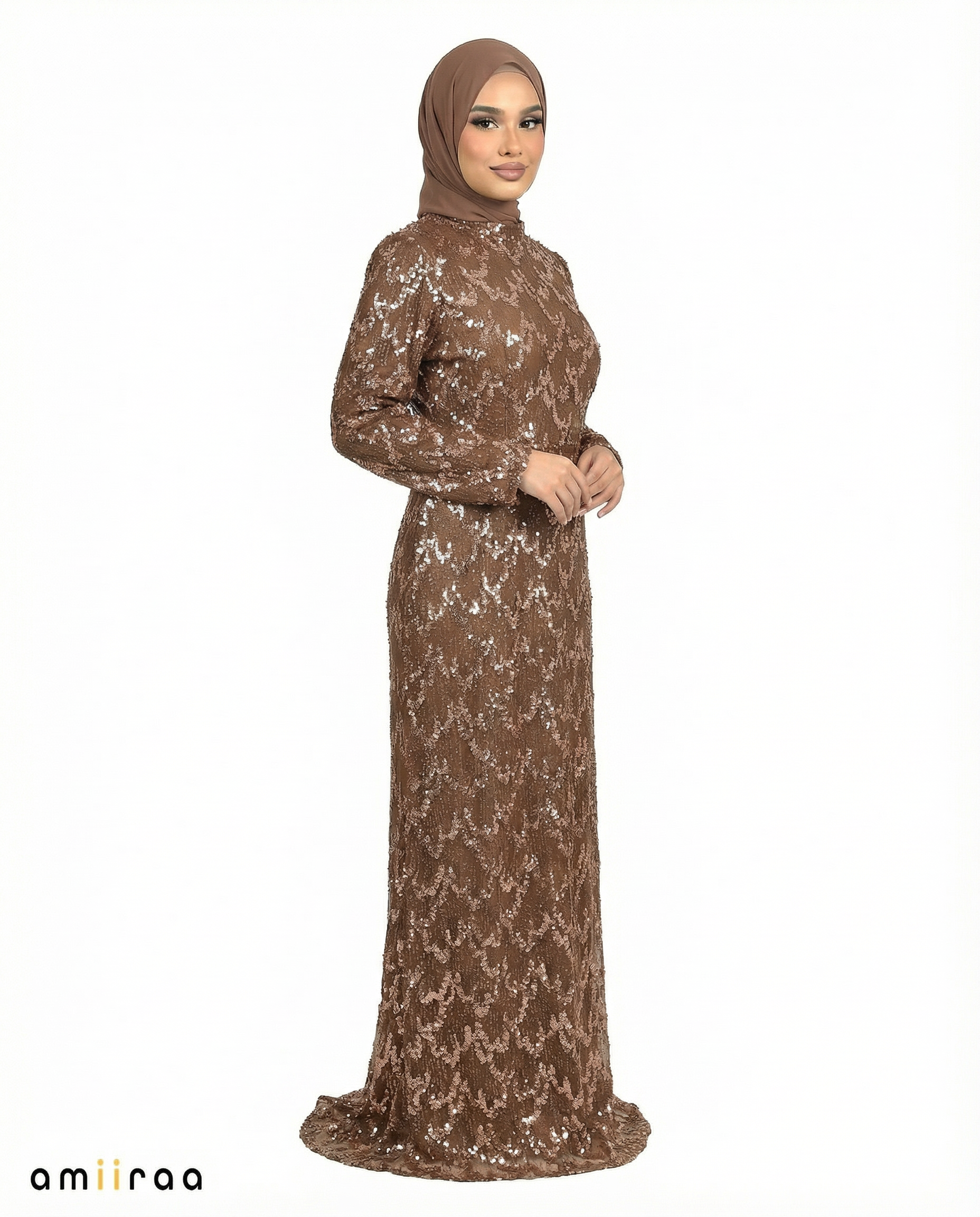 Brandied Melon Fitted Heavy Beaded Chevron Full-Length Maxi Dress